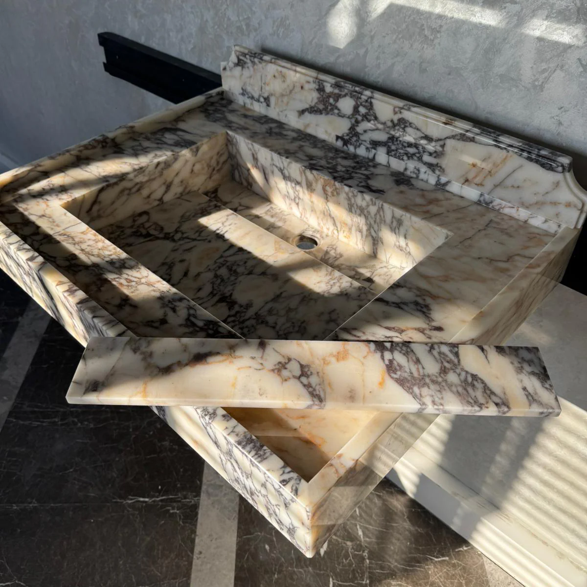 Handcrafted Calacatta Viola Marble Sink With Backsplash: Custom Bathroom Vanity (NS-065) - Image 8