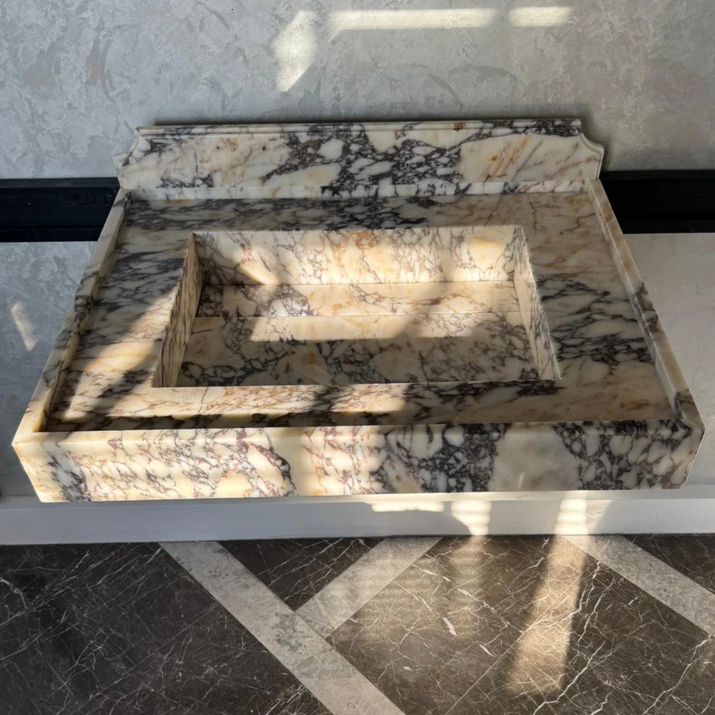 Handcrafted Calacatta Viola Marble Sink With Backsplash: Custom Bathroom Vanity (NS-065) - Image 9