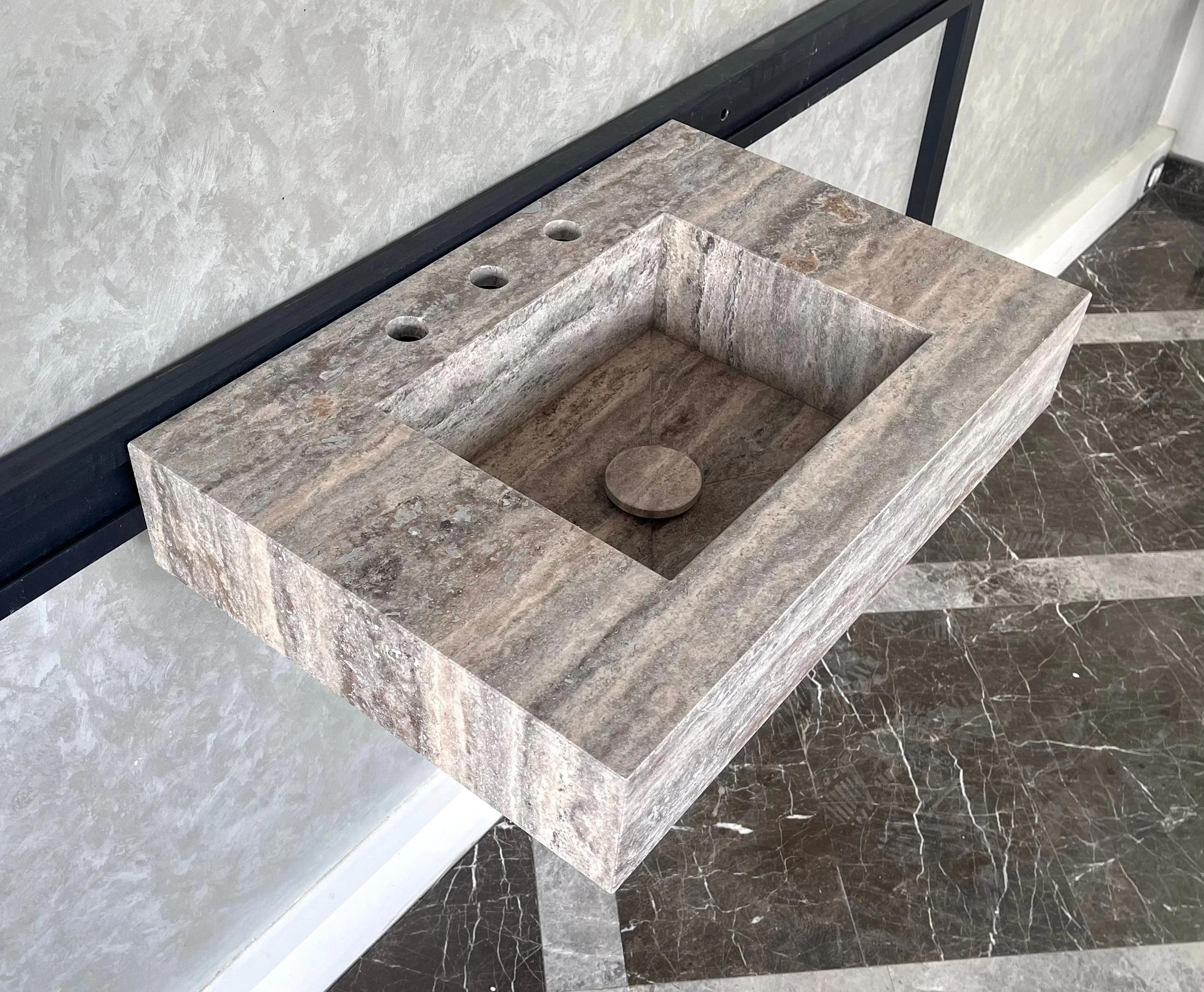 HANDCRAFTED CUSTOM SILVER TRAVERTINE SINK (TR-047) - Image 9