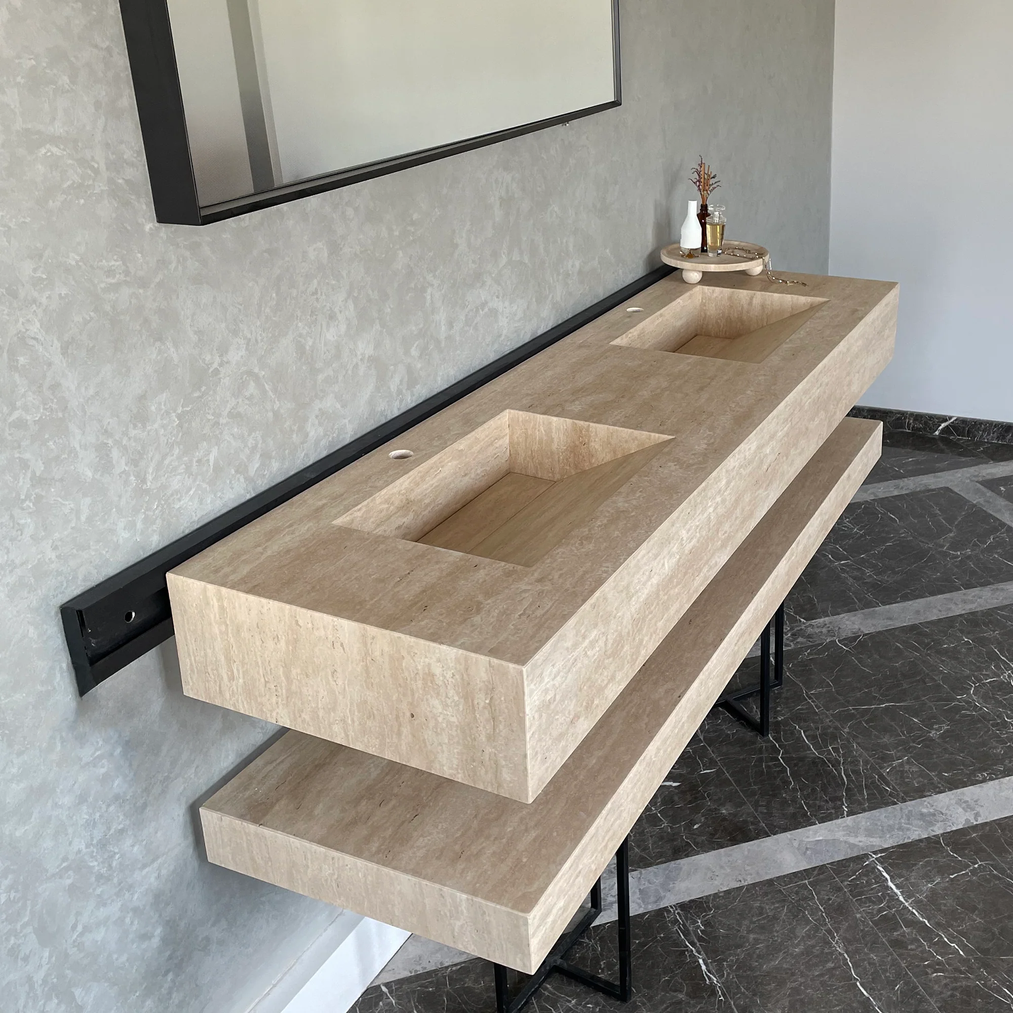 HANDCRAFTED CUSTOM TRAVERTINE SINK AND MATCHING SHELF (TR-175) - Image 10
