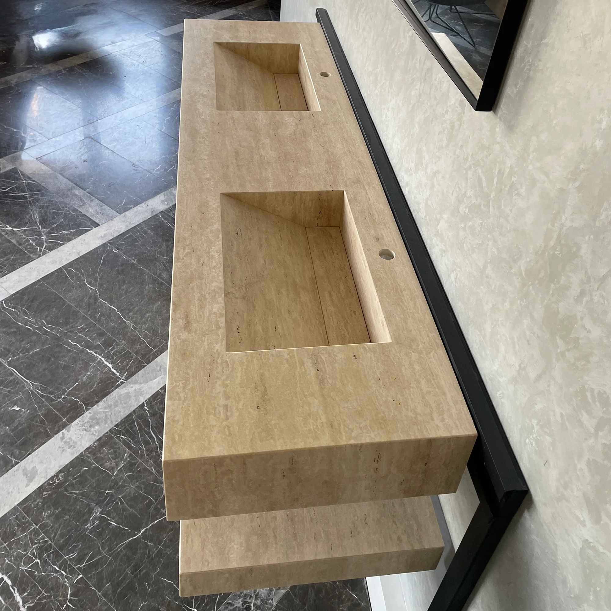 HANDCRAFTED CUSTOM TRAVERTINE SINK AND MATCHING SHELF (TR-175) - Image 11