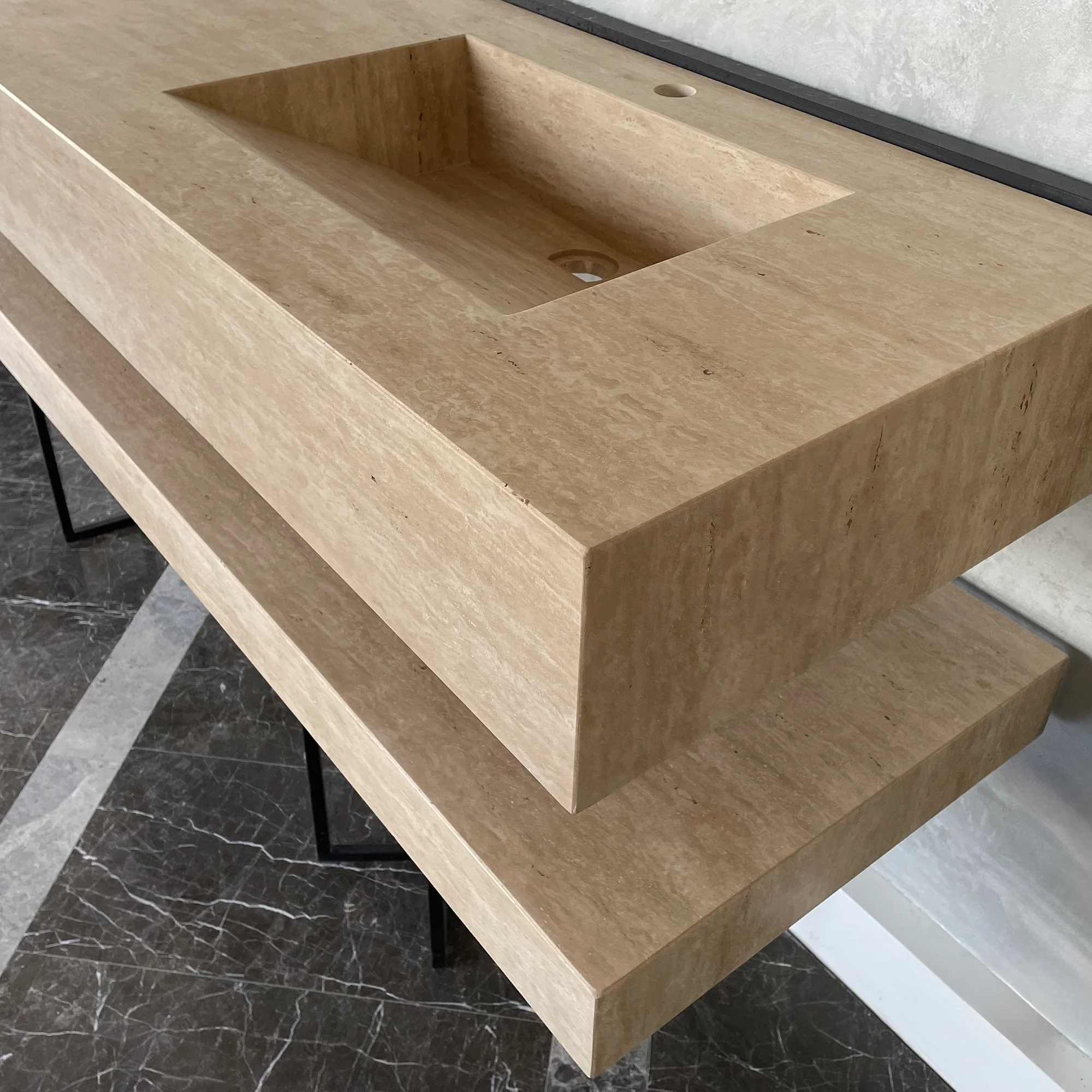 HANDCRAFTED CUSTOM TRAVERTINE SINK AND MATCHING SHELF (TR-175) - Image 2