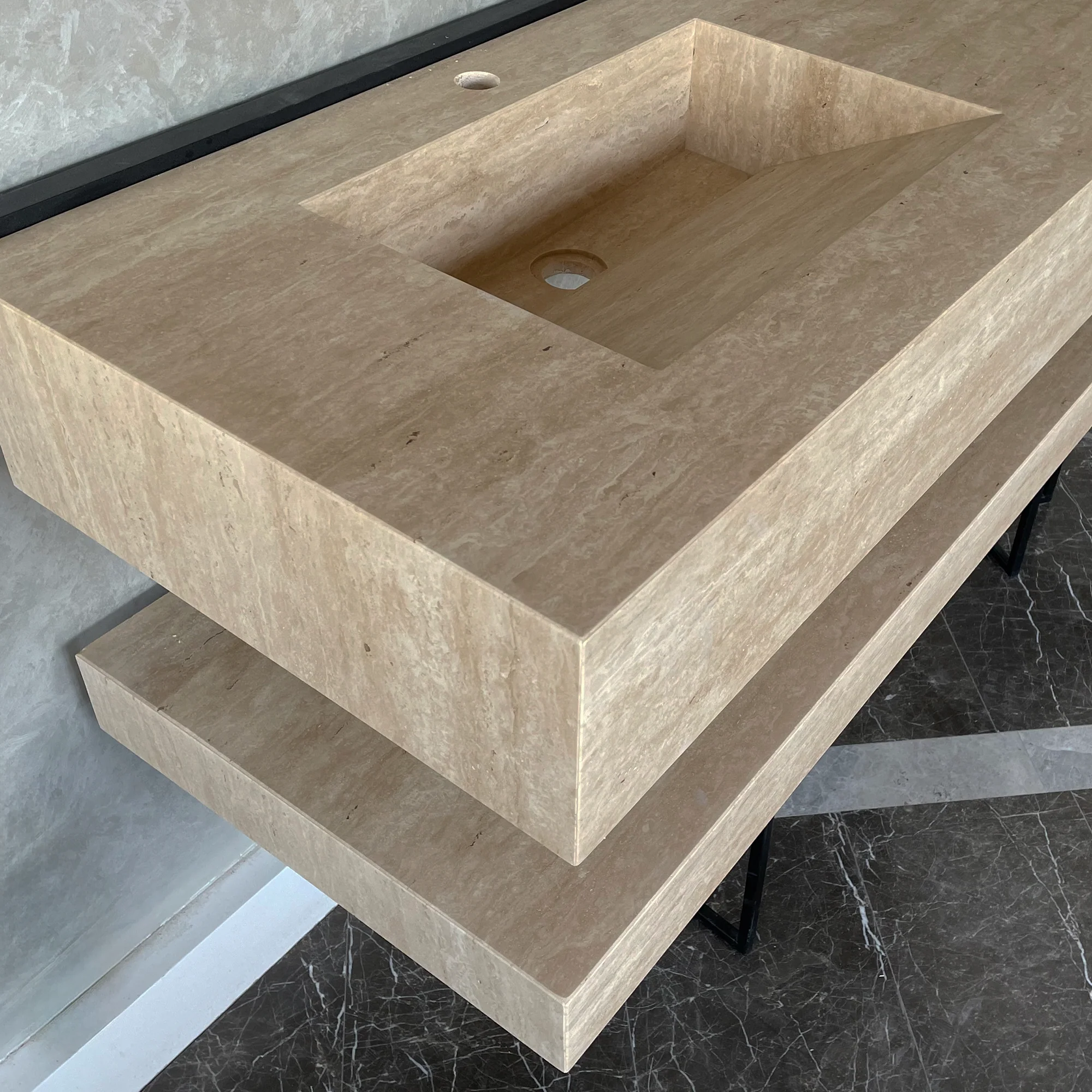 HANDCRAFTED CUSTOM TRAVERTINE SINK AND MATCHING SHELF (TR-175) - Image 3