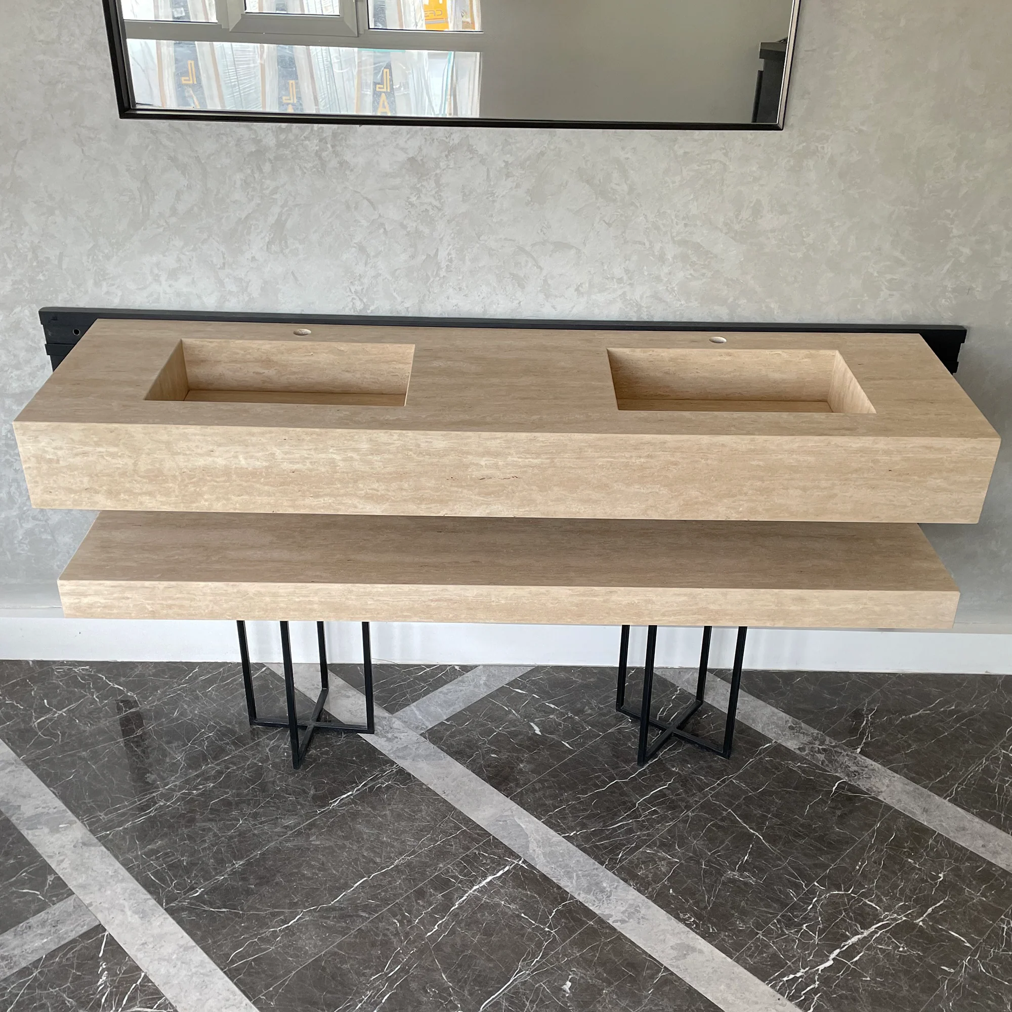 HANDCRAFTED CUSTOM TRAVERTINE SINK AND MATCHING SHELF (TR-175) - Image 4