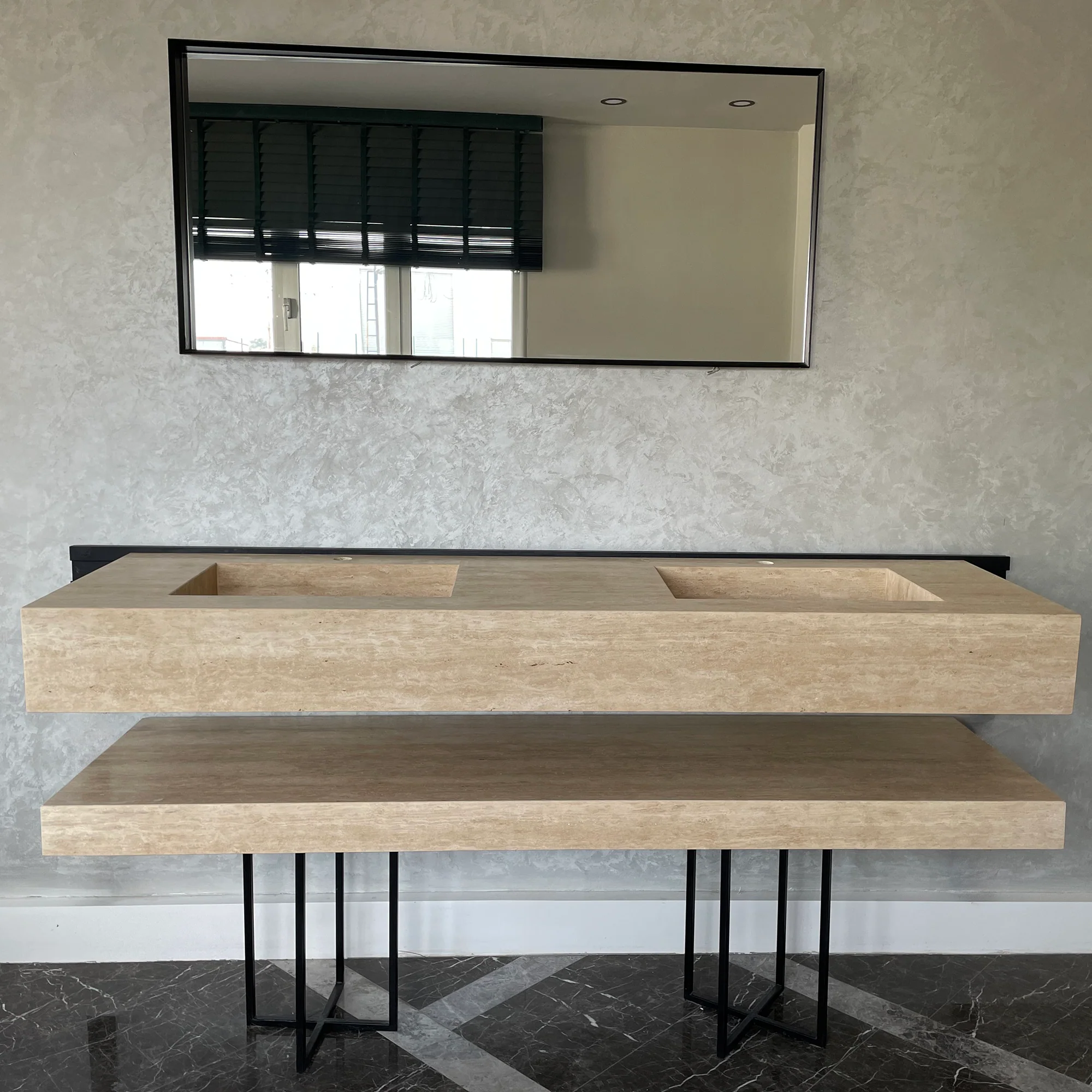HANDCRAFTED CUSTOM TRAVERTINE SINK AND MATCHING SHELF (TR-175) - Image 5