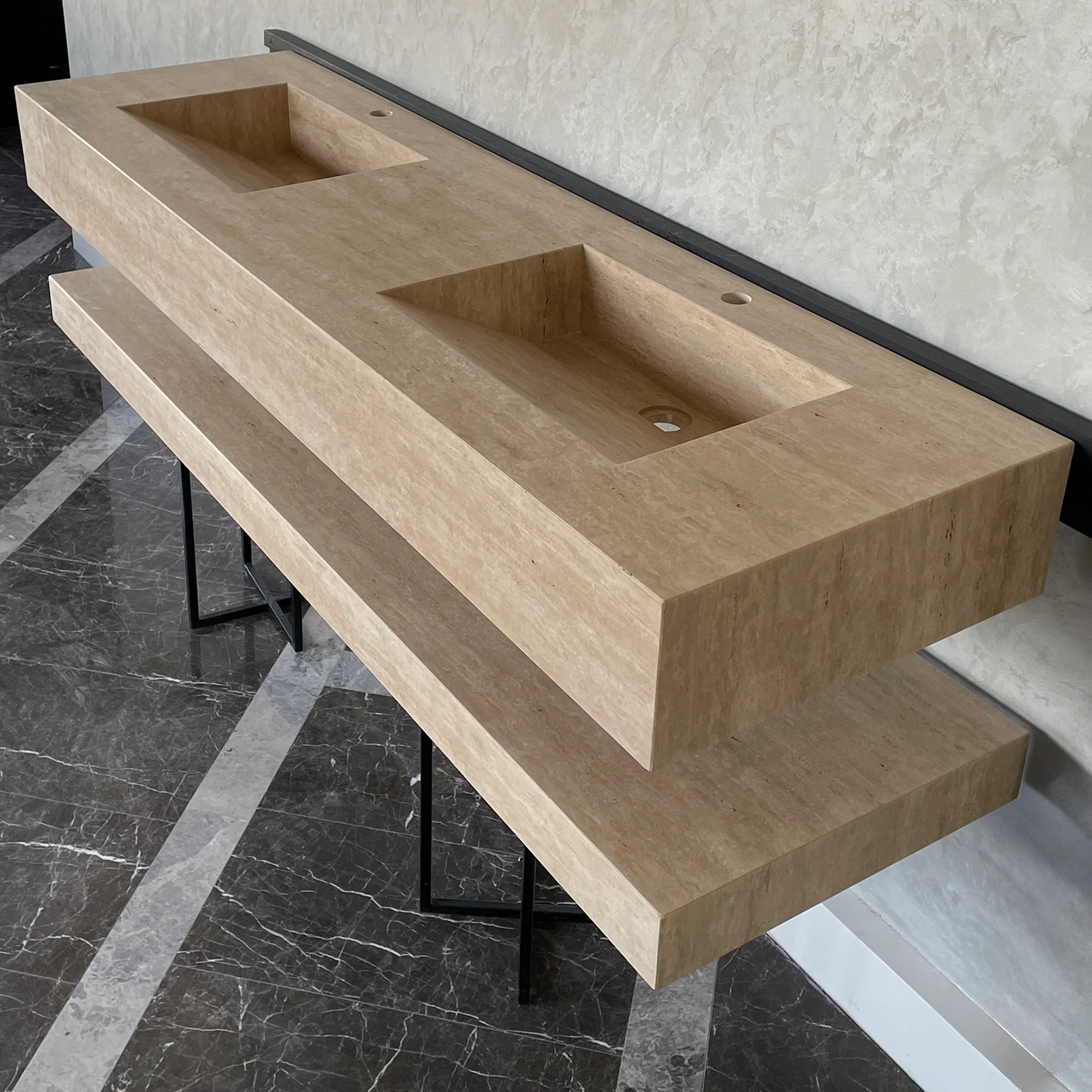 HANDCRAFTED CUSTOM TRAVERTINE SINK AND MATCHING SHELF (TR-175) - Image 6