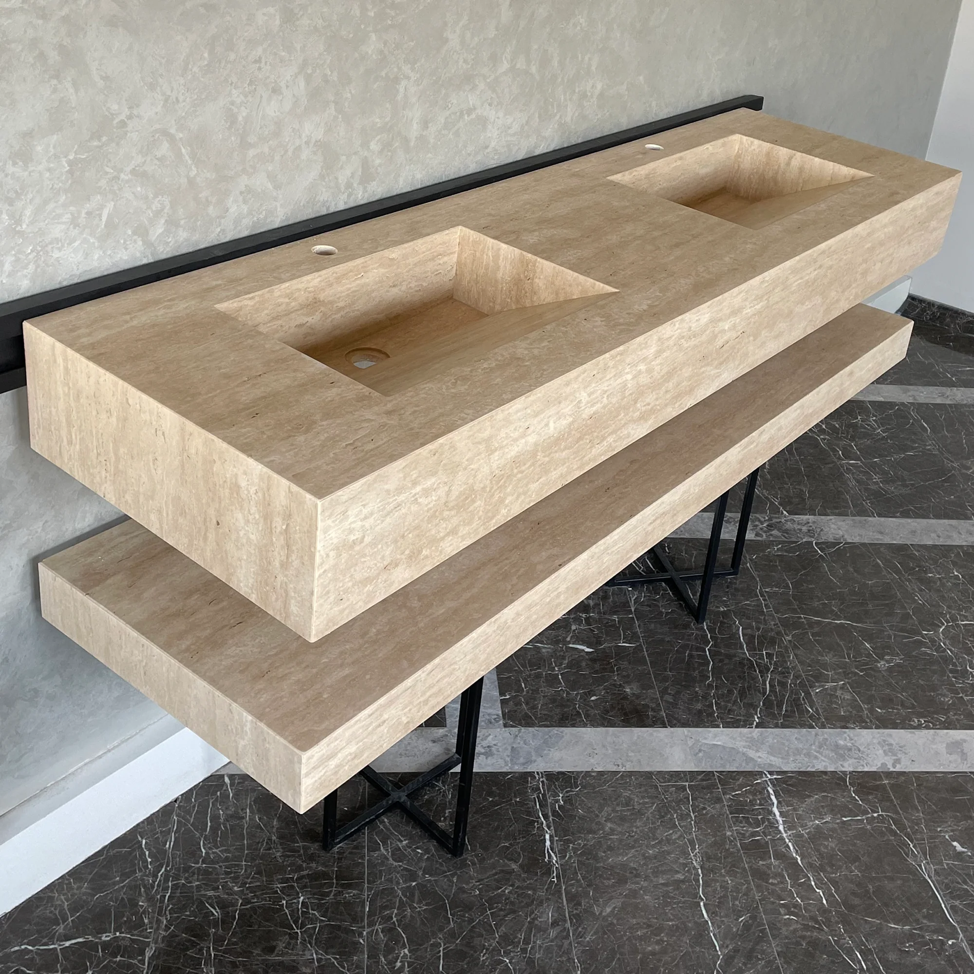 HANDCRAFTED CUSTOM TRAVERTINE SINK AND MATCHING SHELF (TR-175) - Image 7