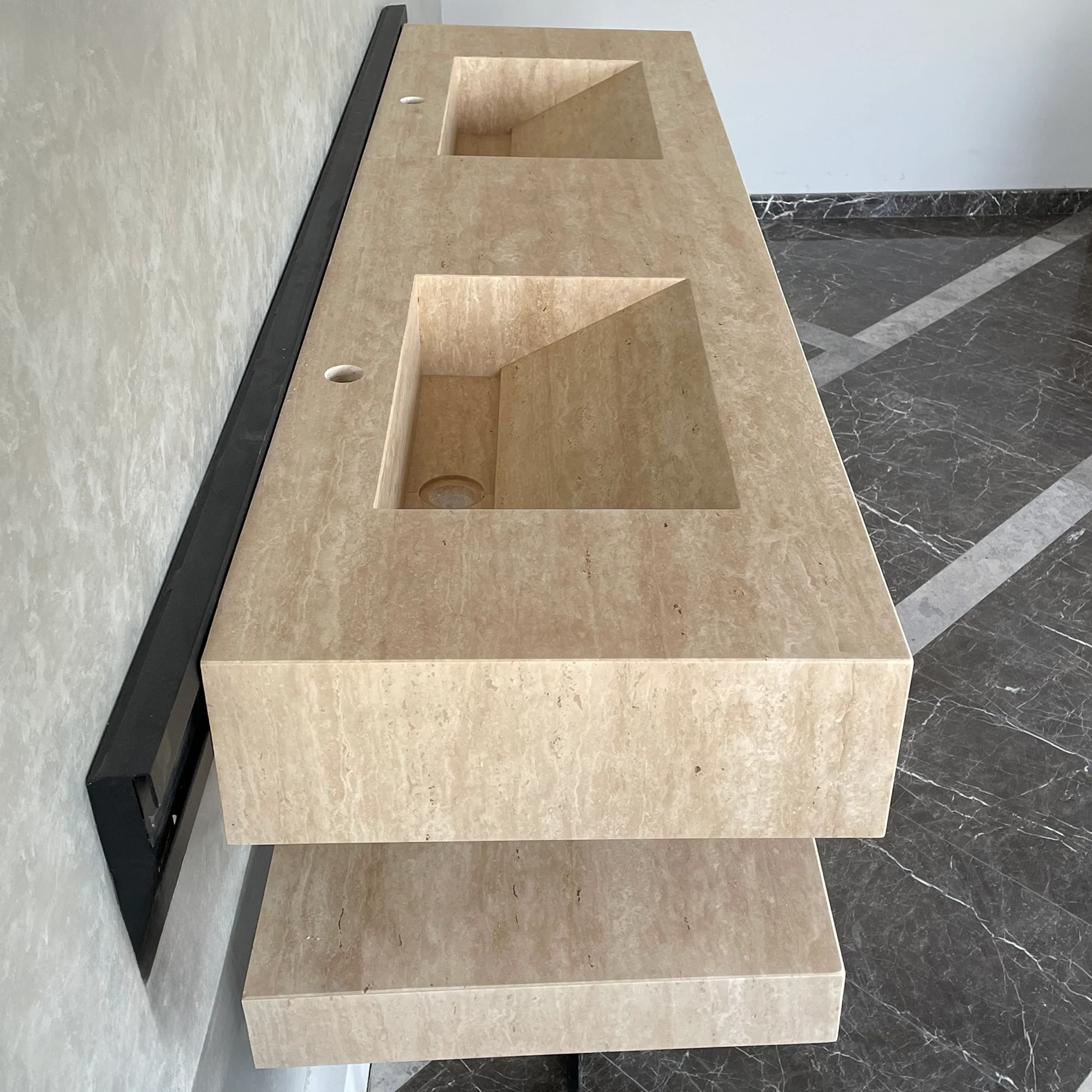 HANDCRAFTED CUSTOM TRAVERTINE SINK AND MATCHING SHELF (TR-175) - Image 8