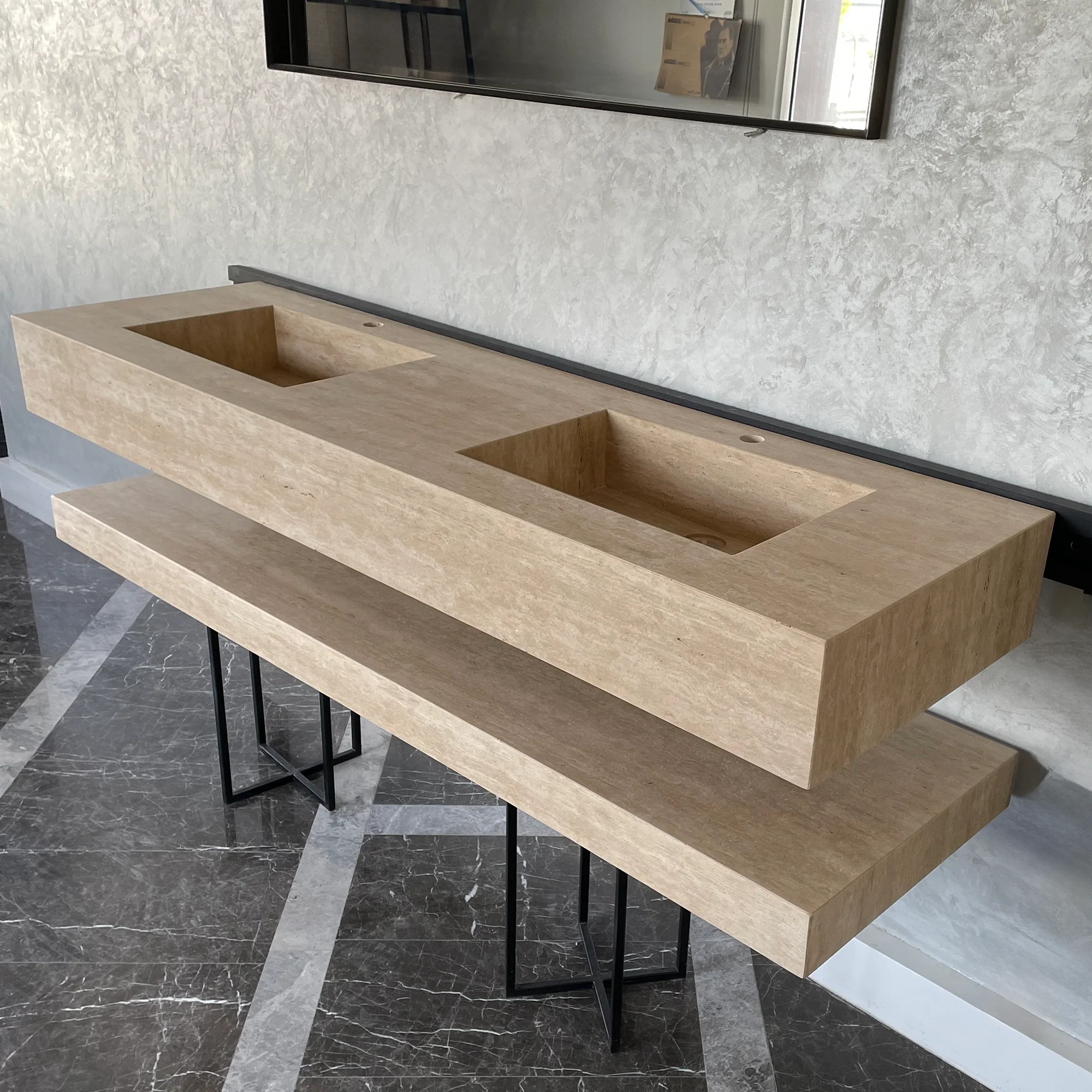 HANDCRAFTED CUSTOM TRAVERTINE SINK AND MATCHING SHELF (TR-175) - Image 9