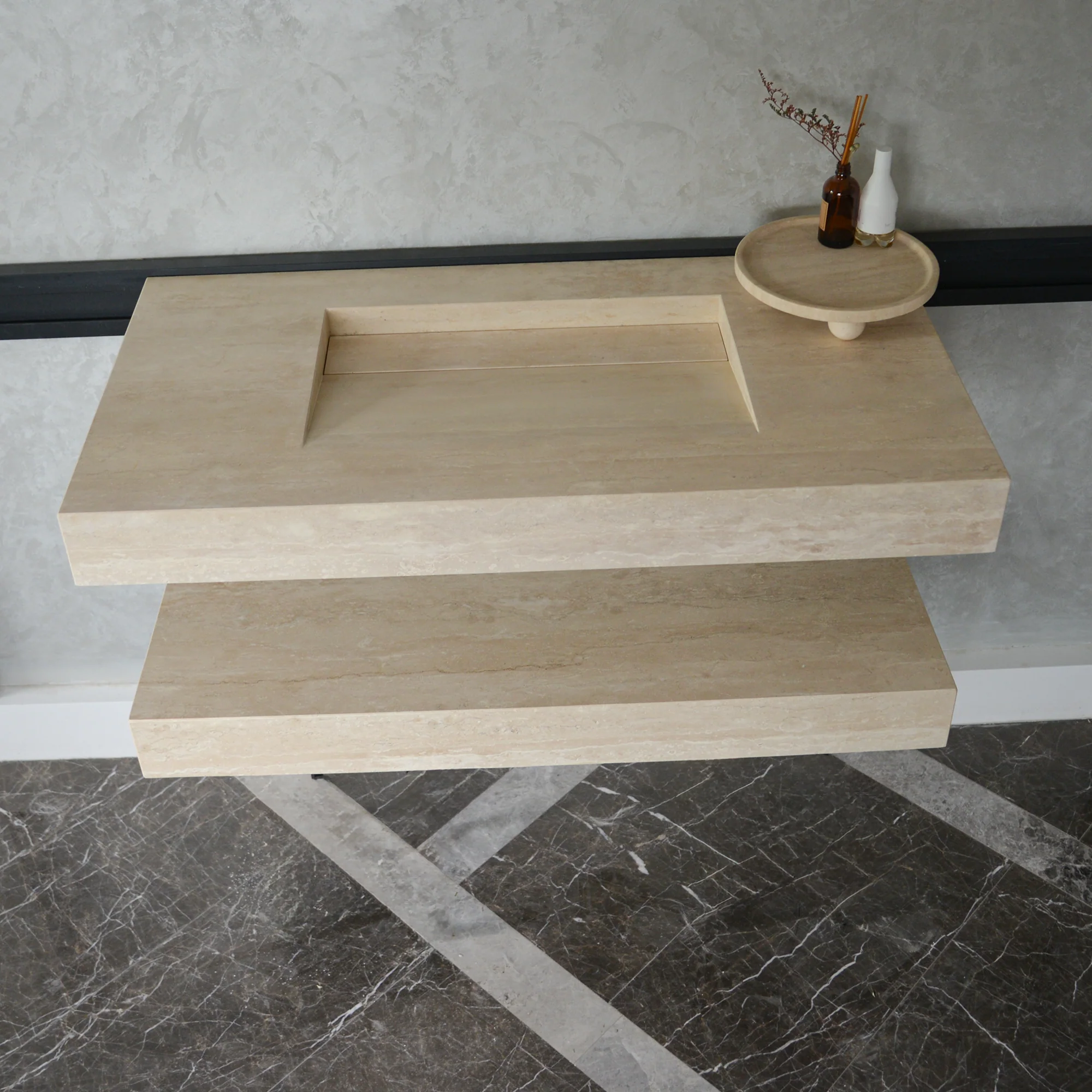 HANDCRAFTED CUSTOM TRAVERTINE SINK AND MATCHING SHELF (TR-095) - Image 10