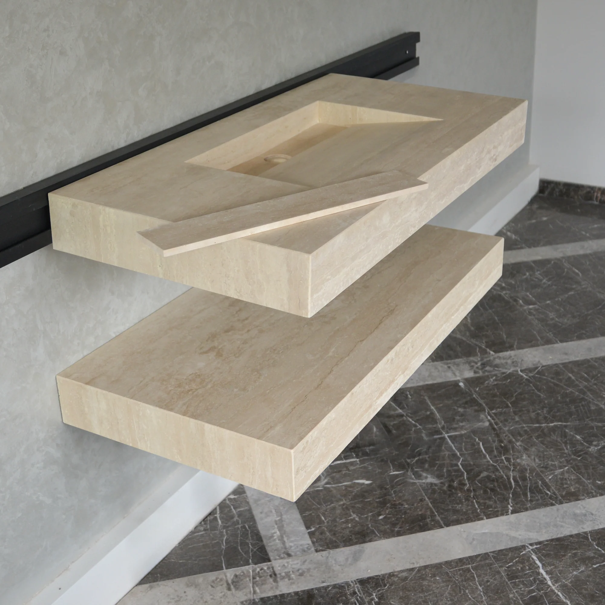 HANDCRAFTED CUSTOM TRAVERTINE SINK AND MATCHING SHELF (TR-095) - Image 2