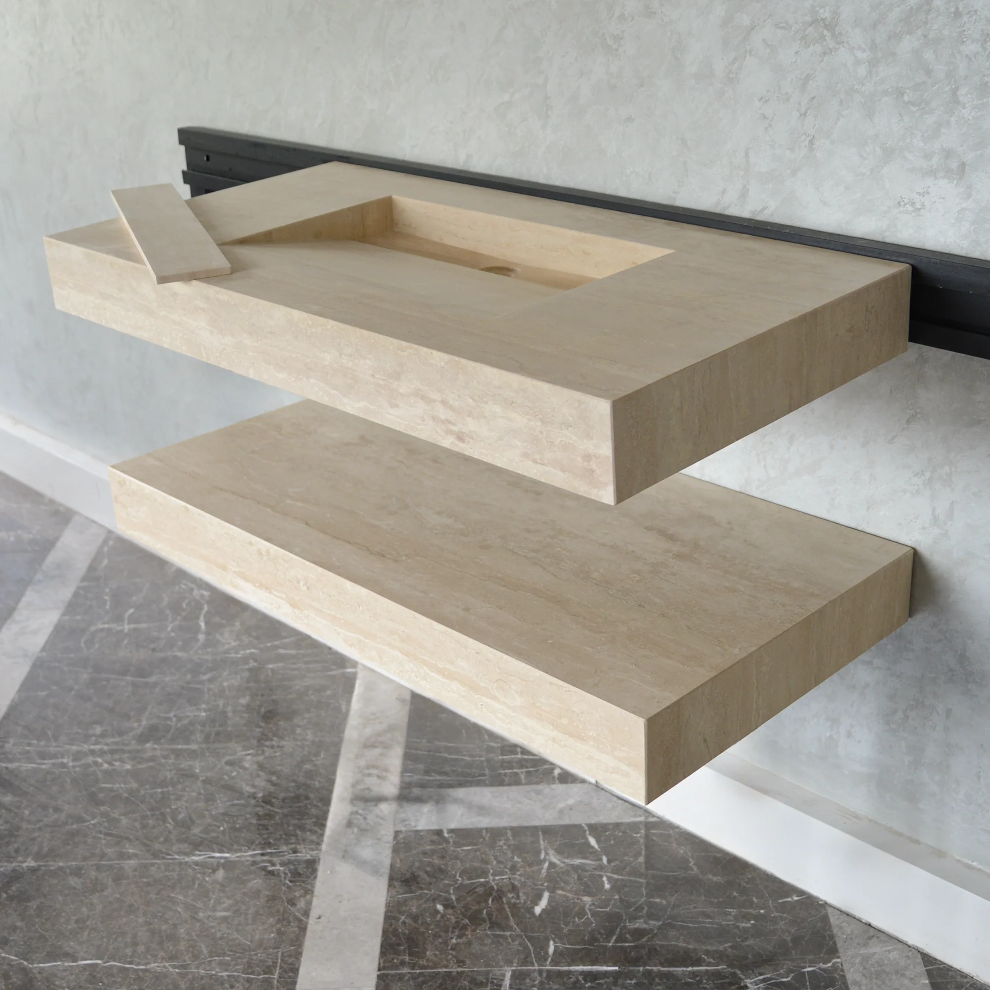 HANDCRAFTED CUSTOM TRAVERTINE SINK AND MATCHING SHELF (TR-095) - Image 3