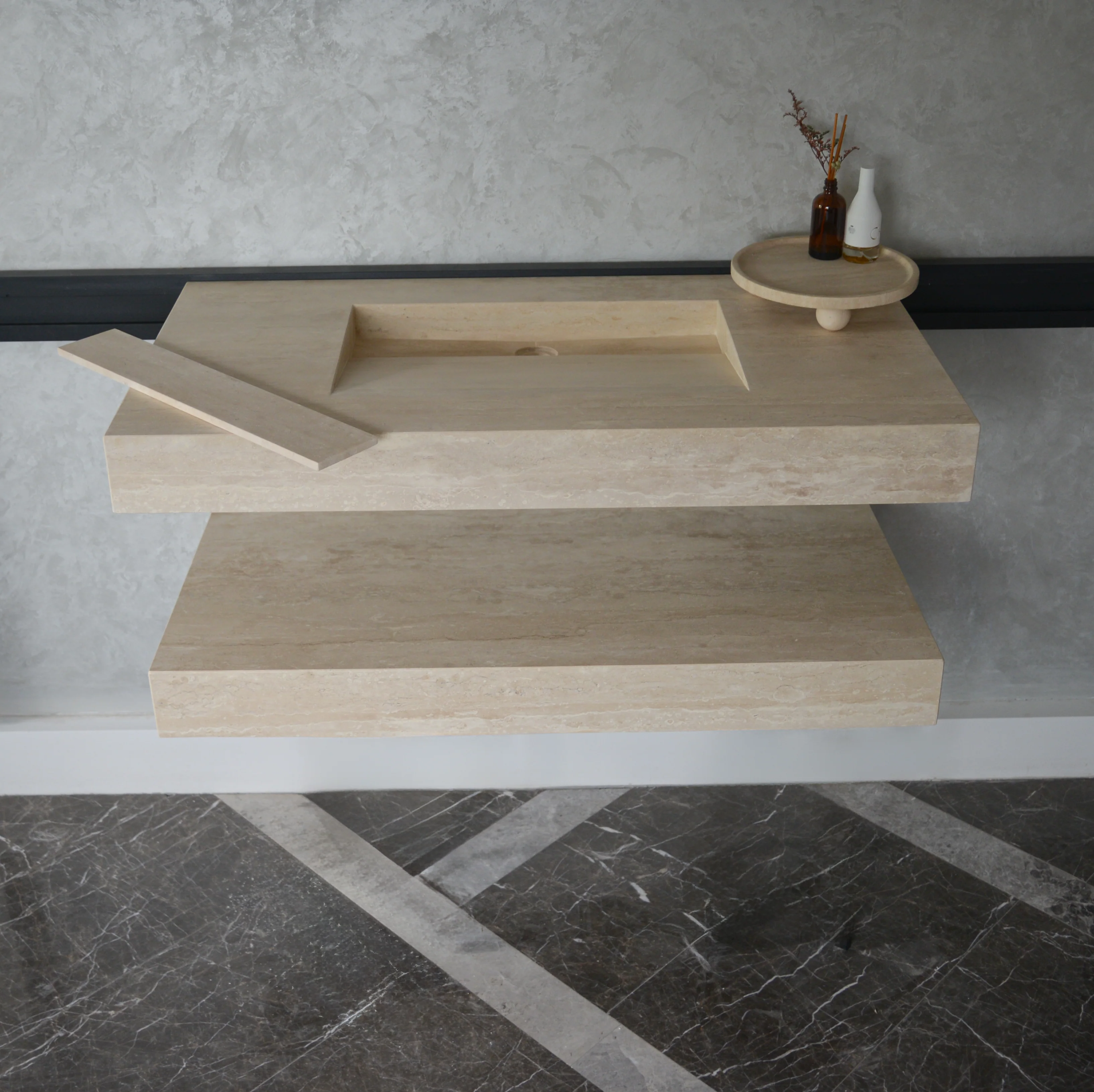 HANDCRAFTED CUSTOM TRAVERTINE SINK AND MATCHING SHELF (TR-095) - Image 4