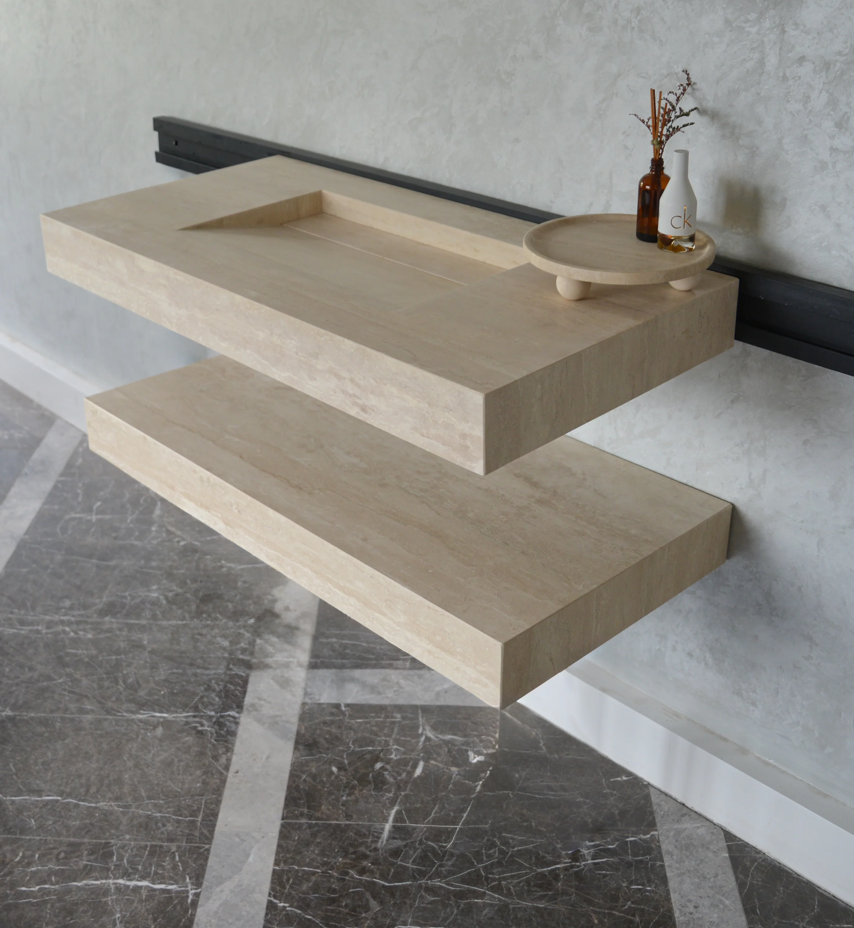 HANDCRAFTED CUSTOM TRAVERTINE SINK AND MATCHING SHELF (TR-095) - Image 5