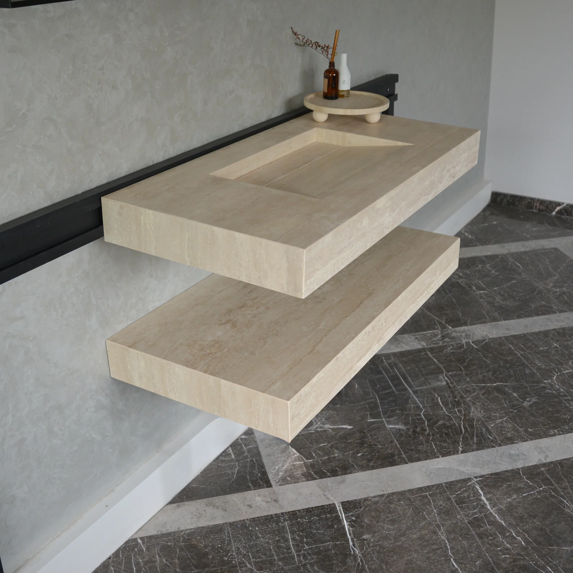 HANDCRAFTED CUSTOM TRAVERTINE SINK AND MATCHING SHELF (TR-095) - Image 6