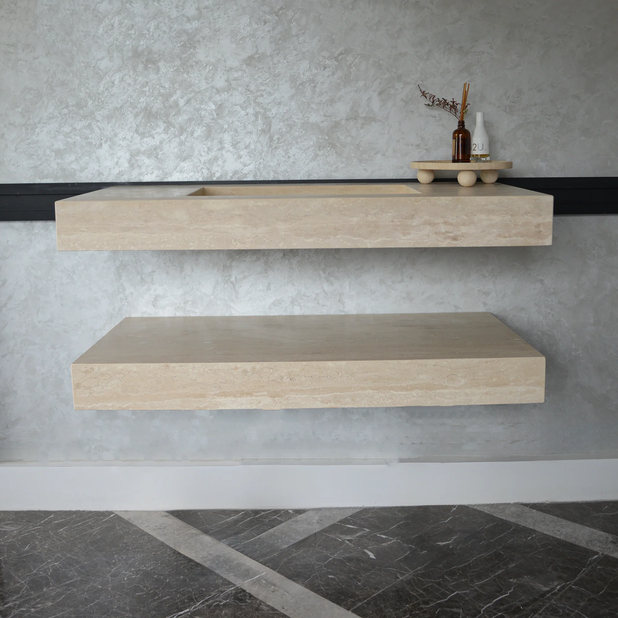 HANDCRAFTED CUSTOM TRAVERTINE SINK AND MATCHING SHELF (TR-095) - Image 7