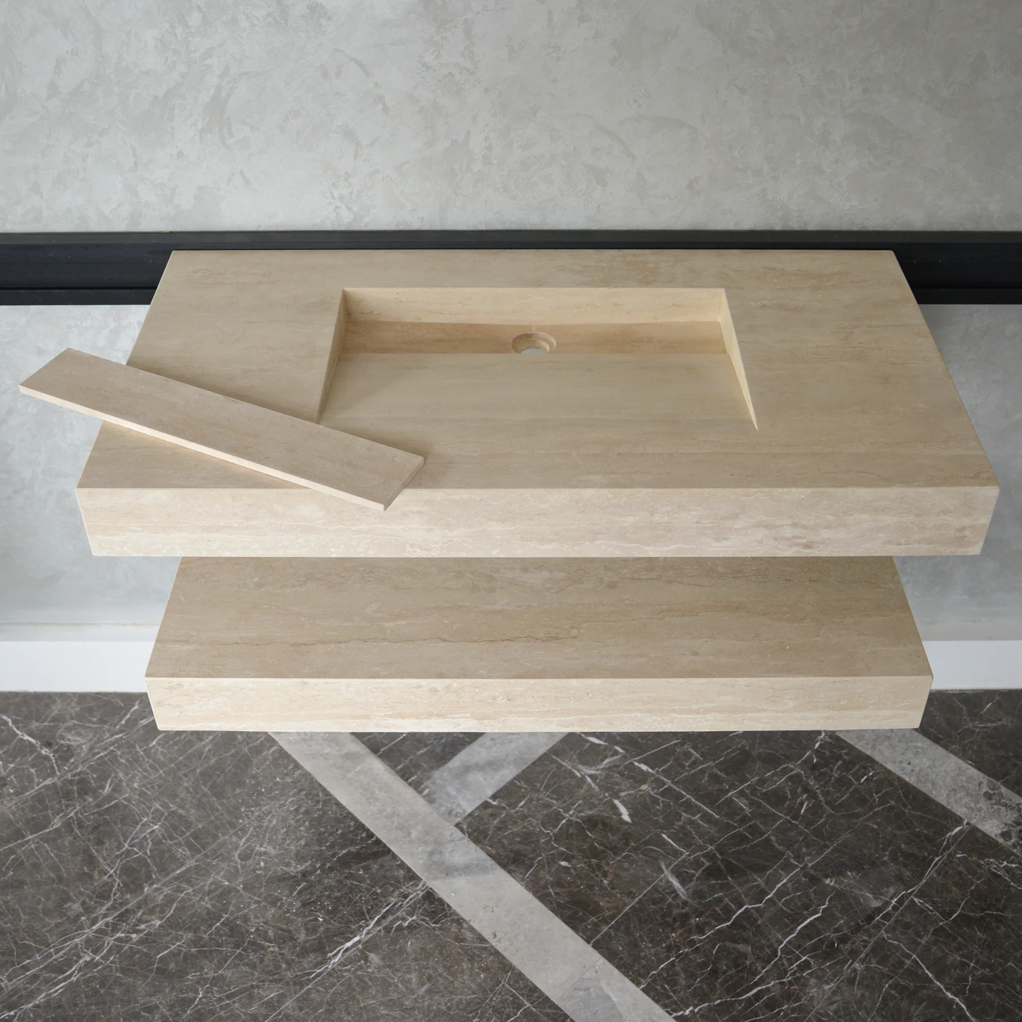 HANDCRAFTED CUSTOM TRAVERTINE SINK AND MATCHING SHELF (TR-095) - Image 8
