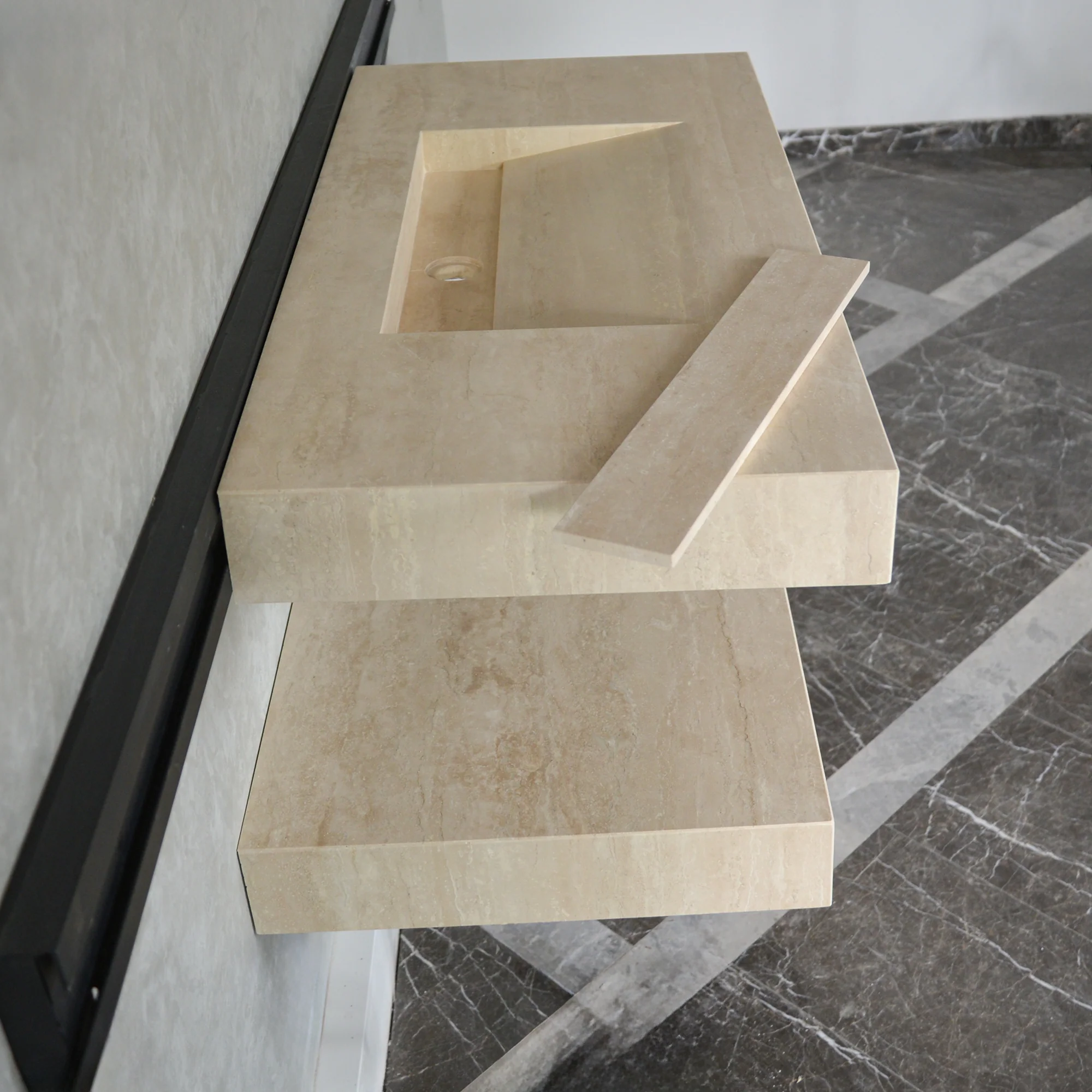 HANDCRAFTED CUSTOM TRAVERTINE SINK AND MATCHING SHELF (TR-095) - Image 9