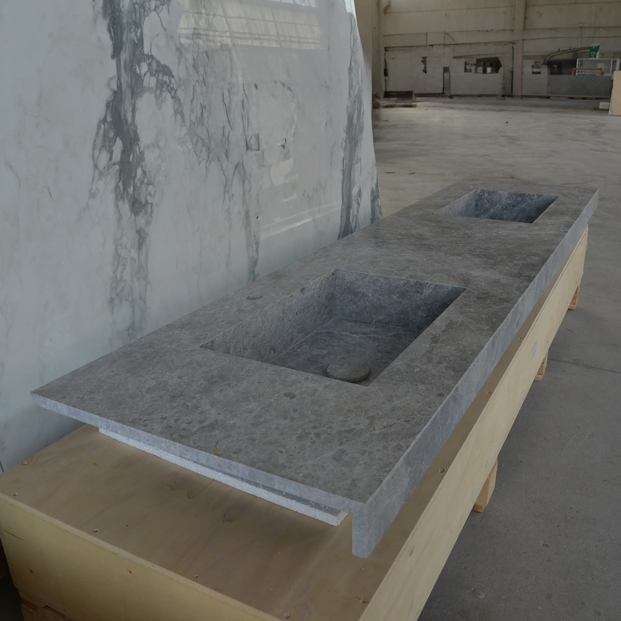 HANDCRAFTED CUSTOM TUNDRA GREY MARBLE DOUBLE SINK (NS-137) - Image 2