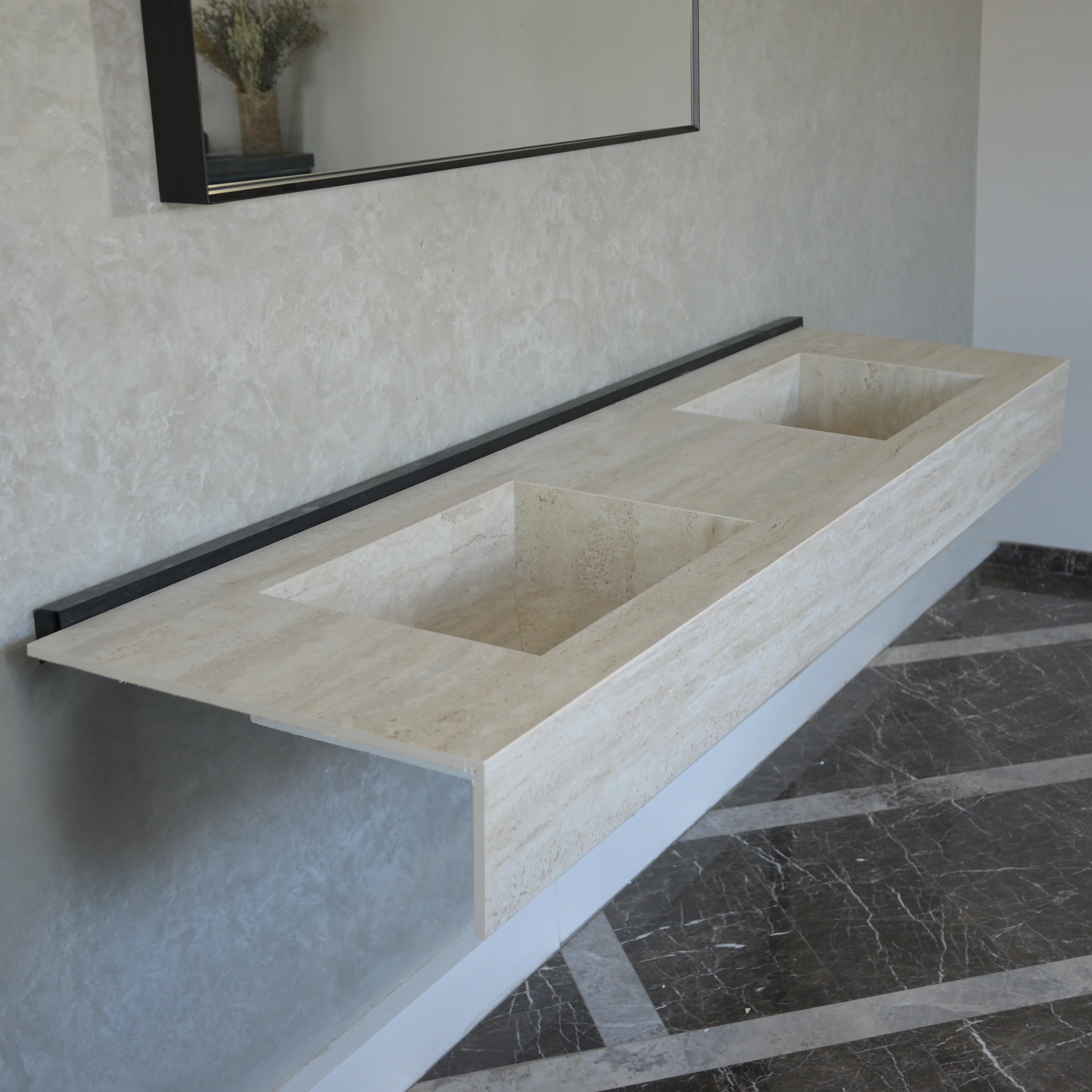 HANDCRAFTED INFINITY TRAVERTINO CHIARO HIGH ENGINEERED PORCELAIN DOUBLE SINK (ES-099) - Image 3