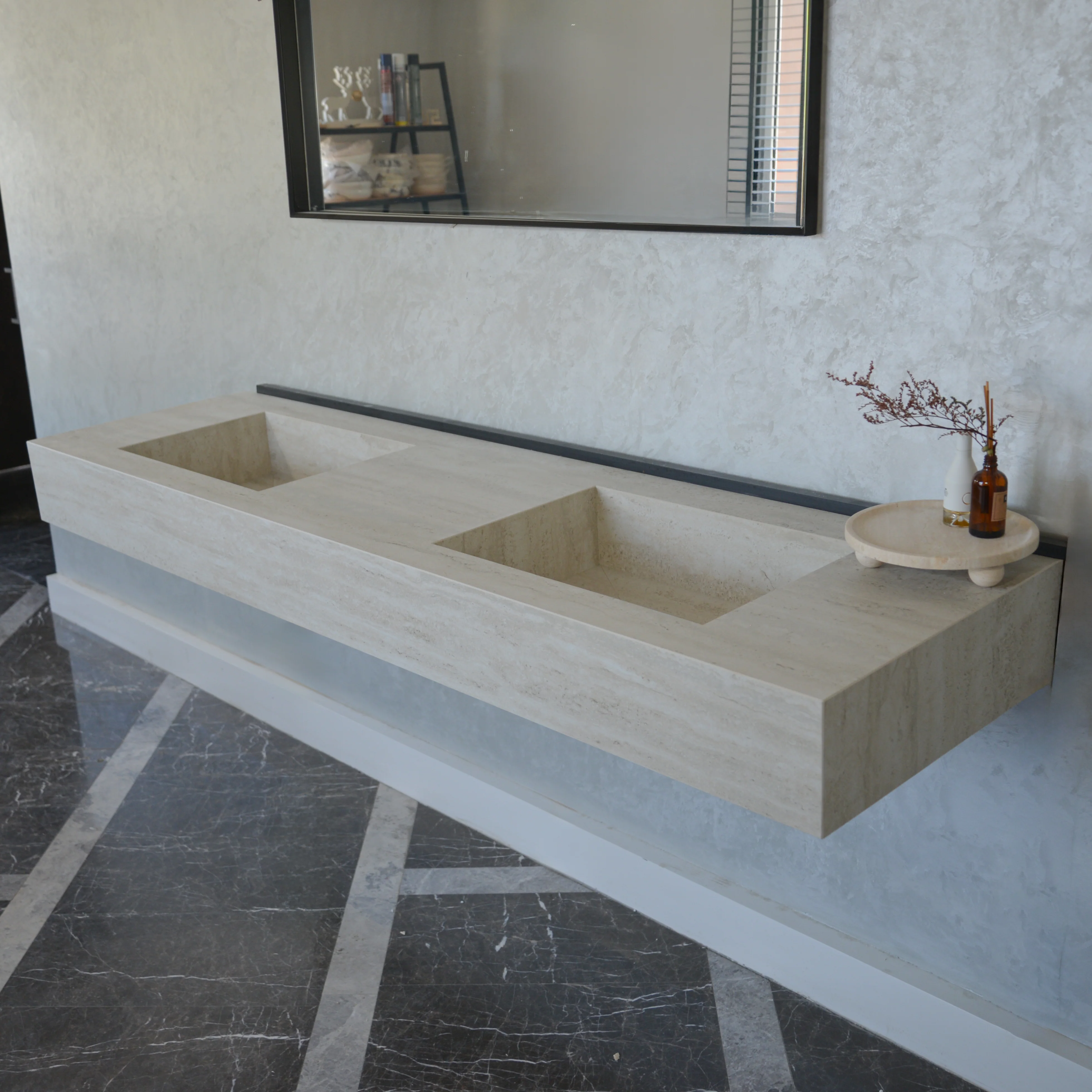 HANDCRAFTED INFINITY TRAVERTINO CHIARO HIGH ENGINEERED PORCELAIN DOUBLE SINK (ES-099) - Image 8