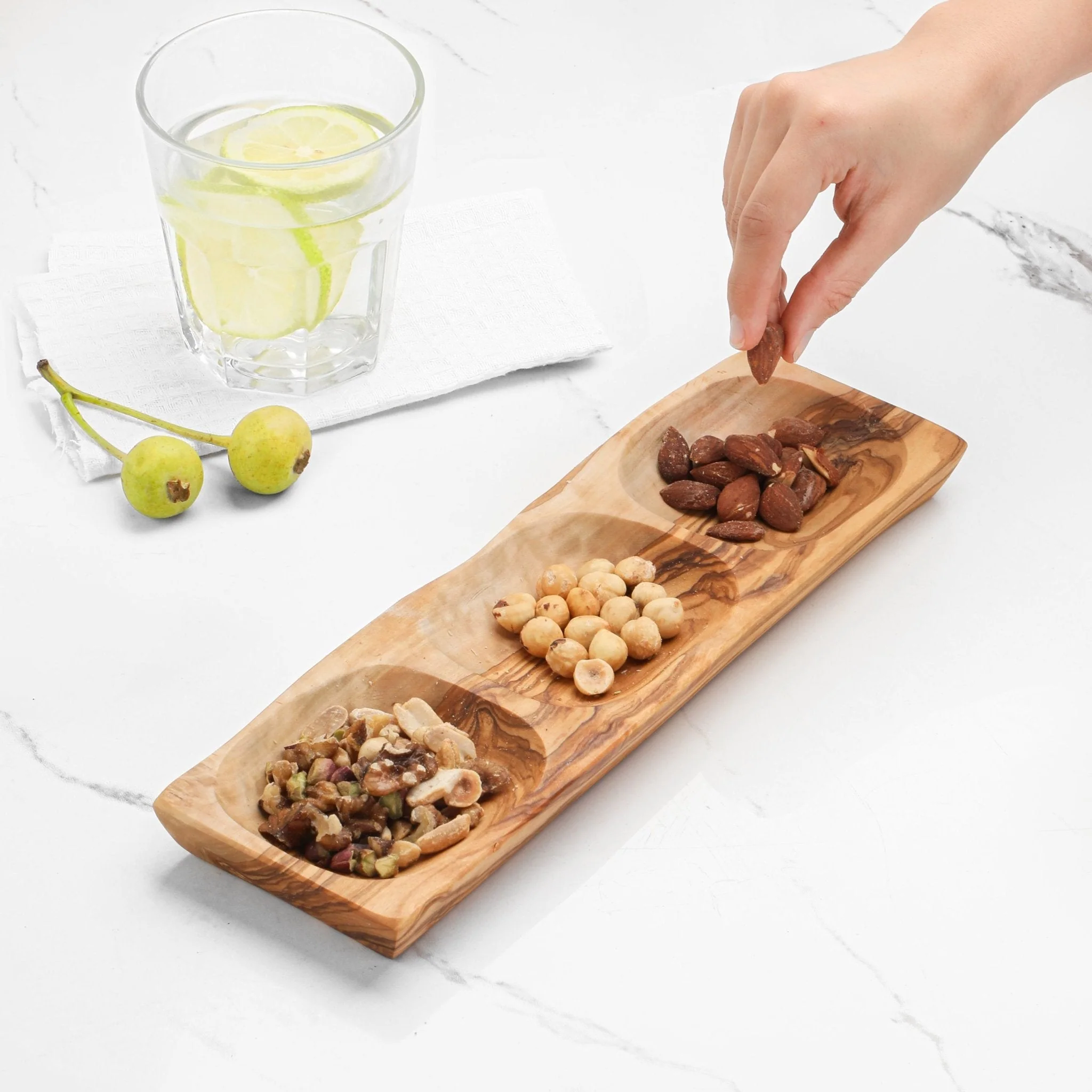 Handcrafted Olive Wood 3-Section Dish – Snack & Appetizer Tray - Image 2