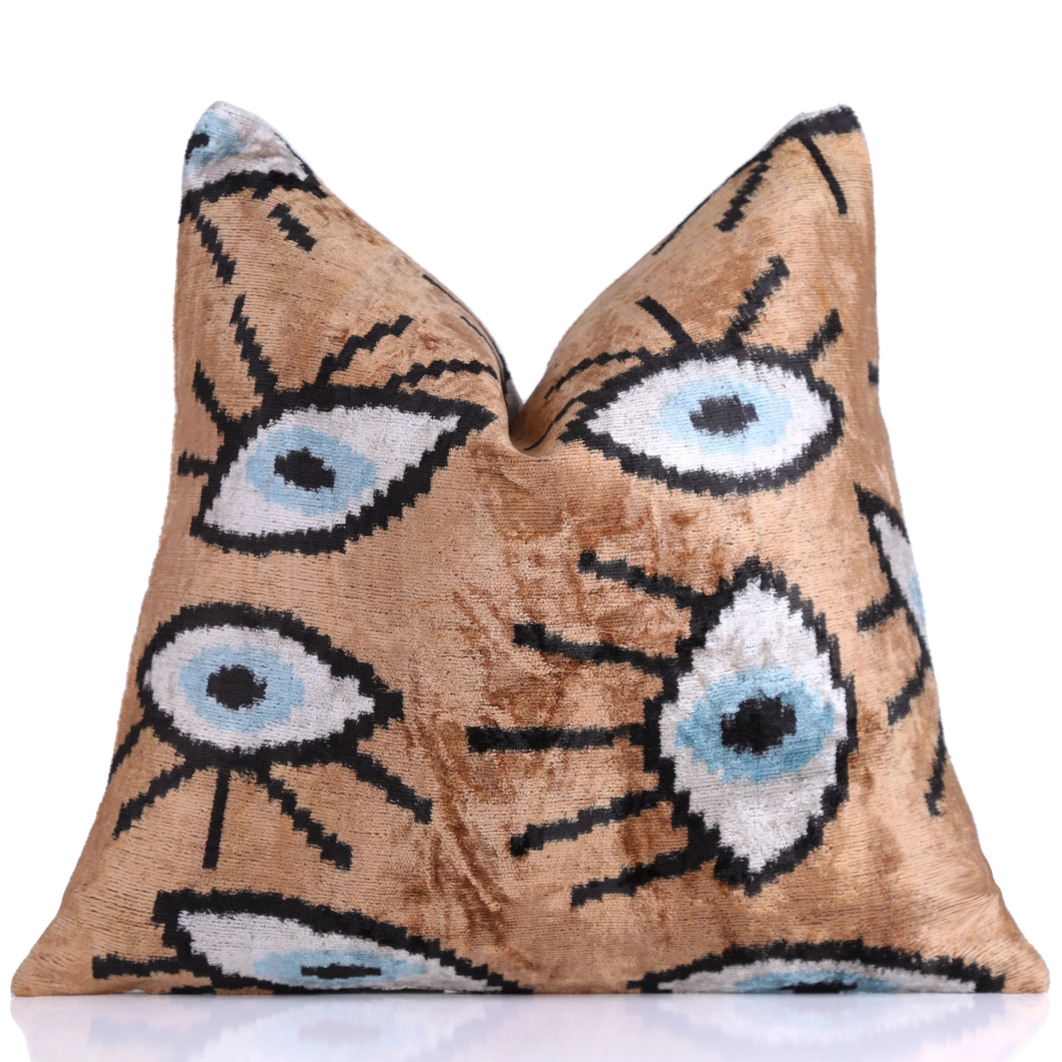 Handmade 16x16 Velvet Pillow – Evil Eye Pattern in Blue & Tan Brown