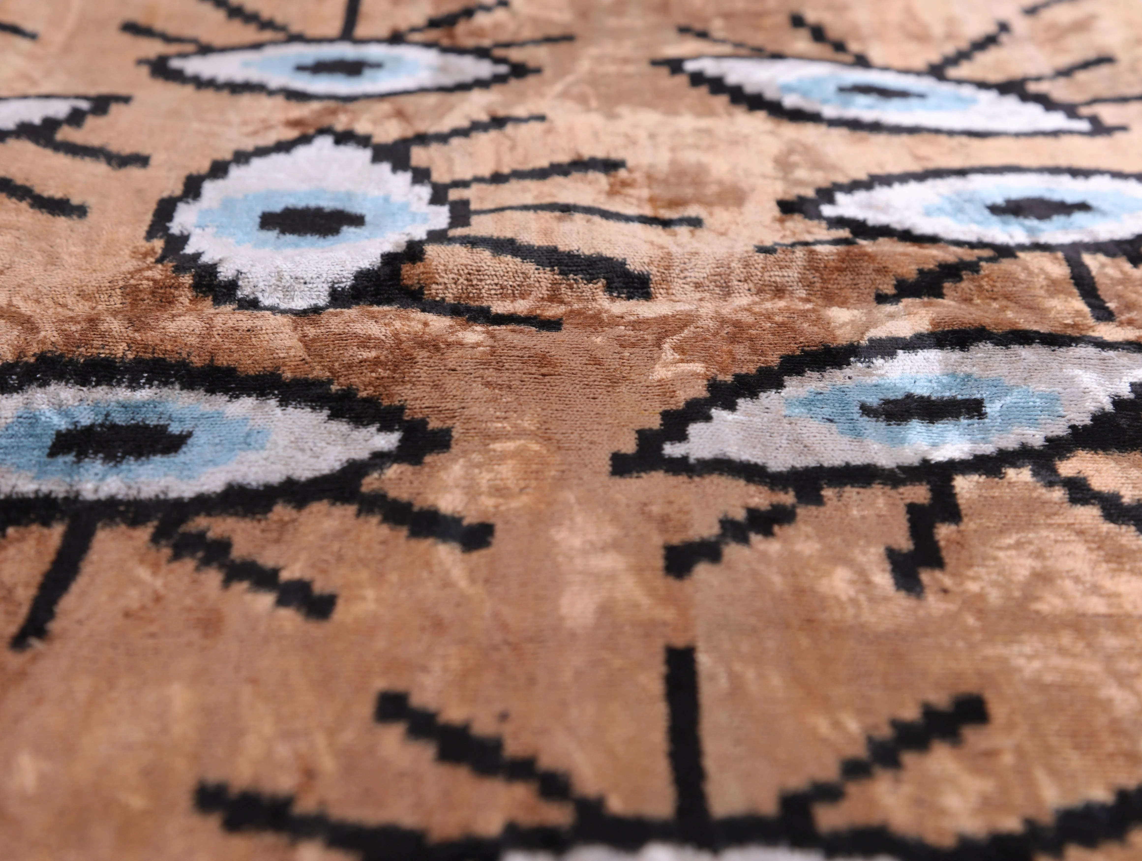 Handmade 16x16 Velvet Pillow – Evil Eye Pattern in Blue & Tan Brown - Image 4