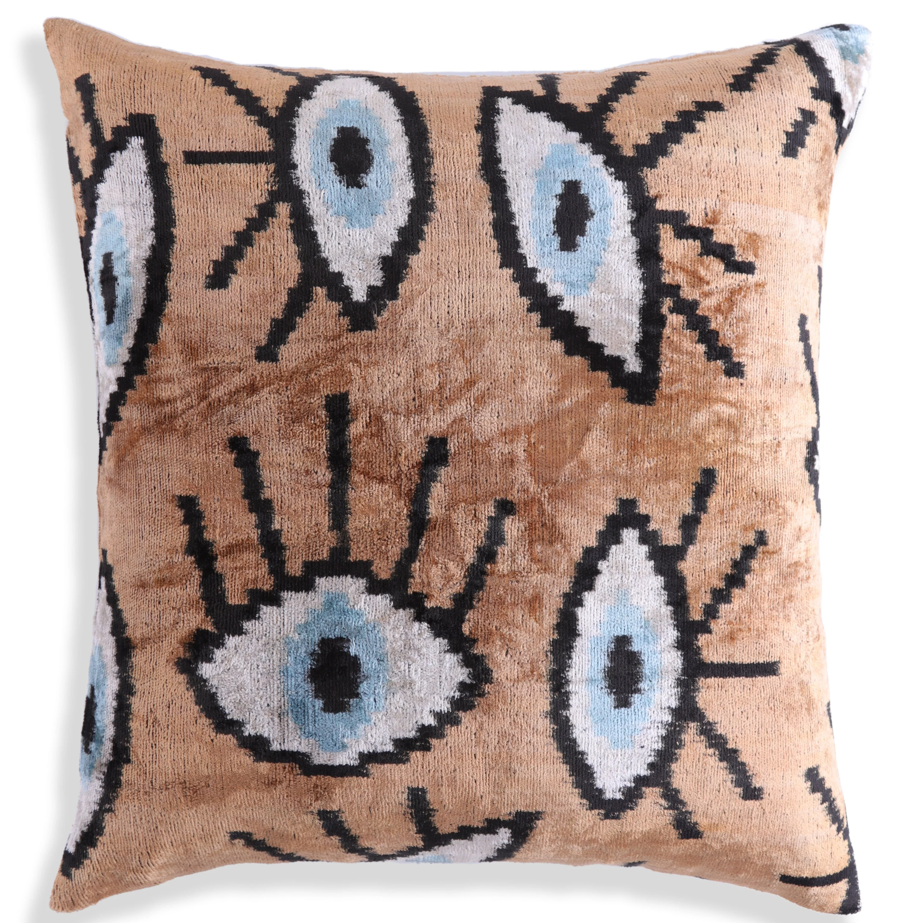 Handmade 16x16 Velvet Pillow – Evil Eye Pattern in Blue & Tan Brown - Image 5