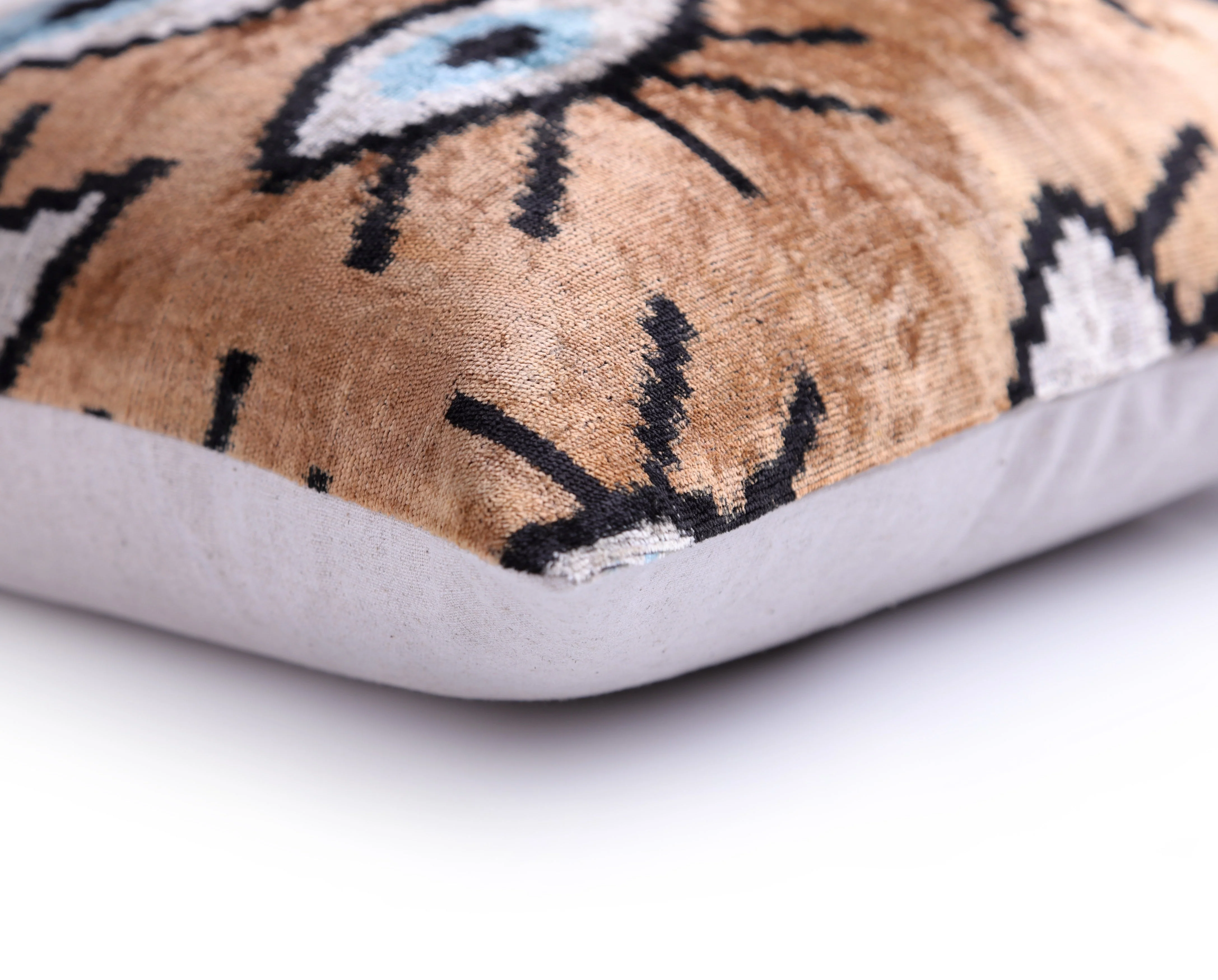 Handmade 16x16 Velvet Pillow – Evil Eye Pattern in Blue & Tan Brown - Image 7