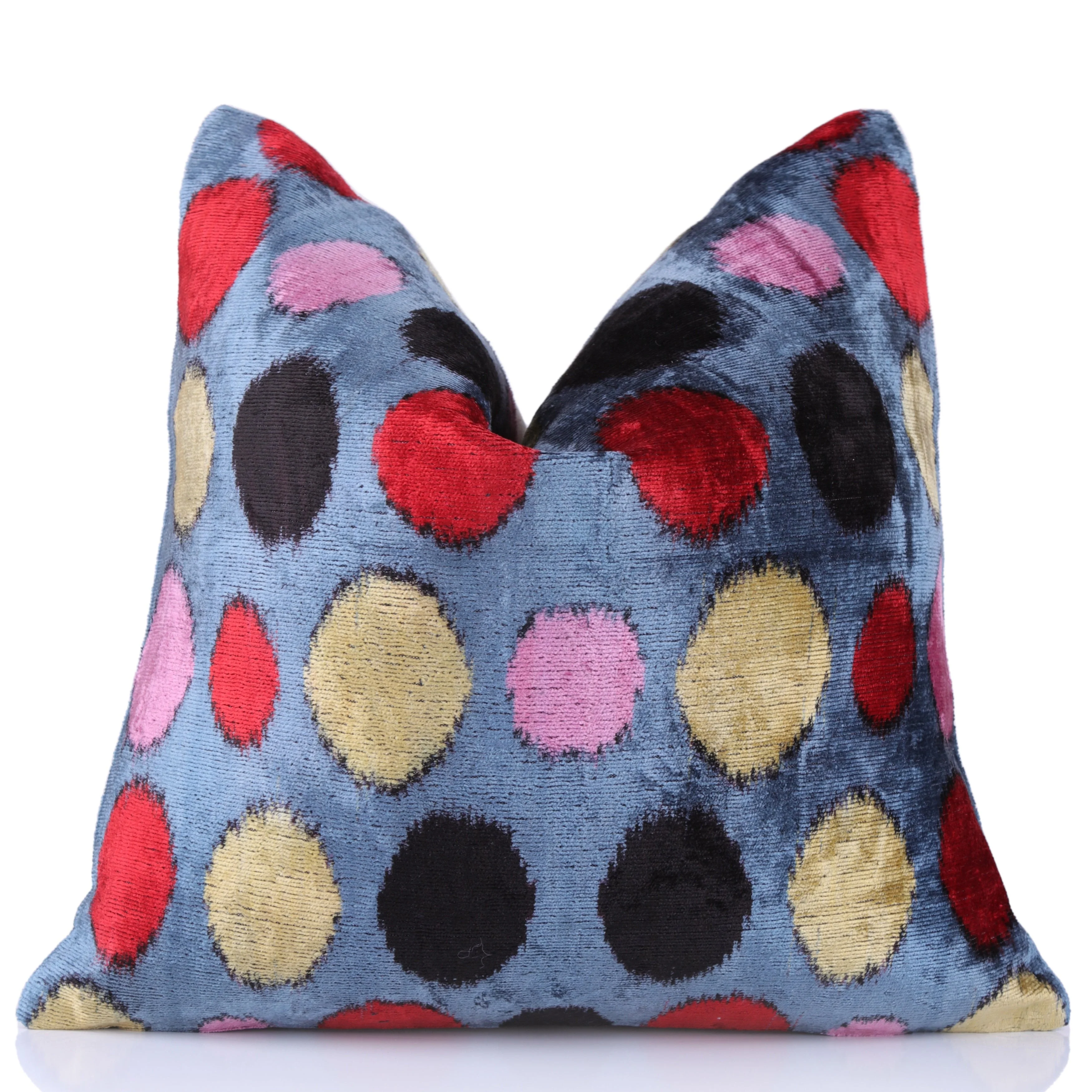 Handmade 16x16 Velvet Pillow – Multicolor Dots on Blue - Image 5