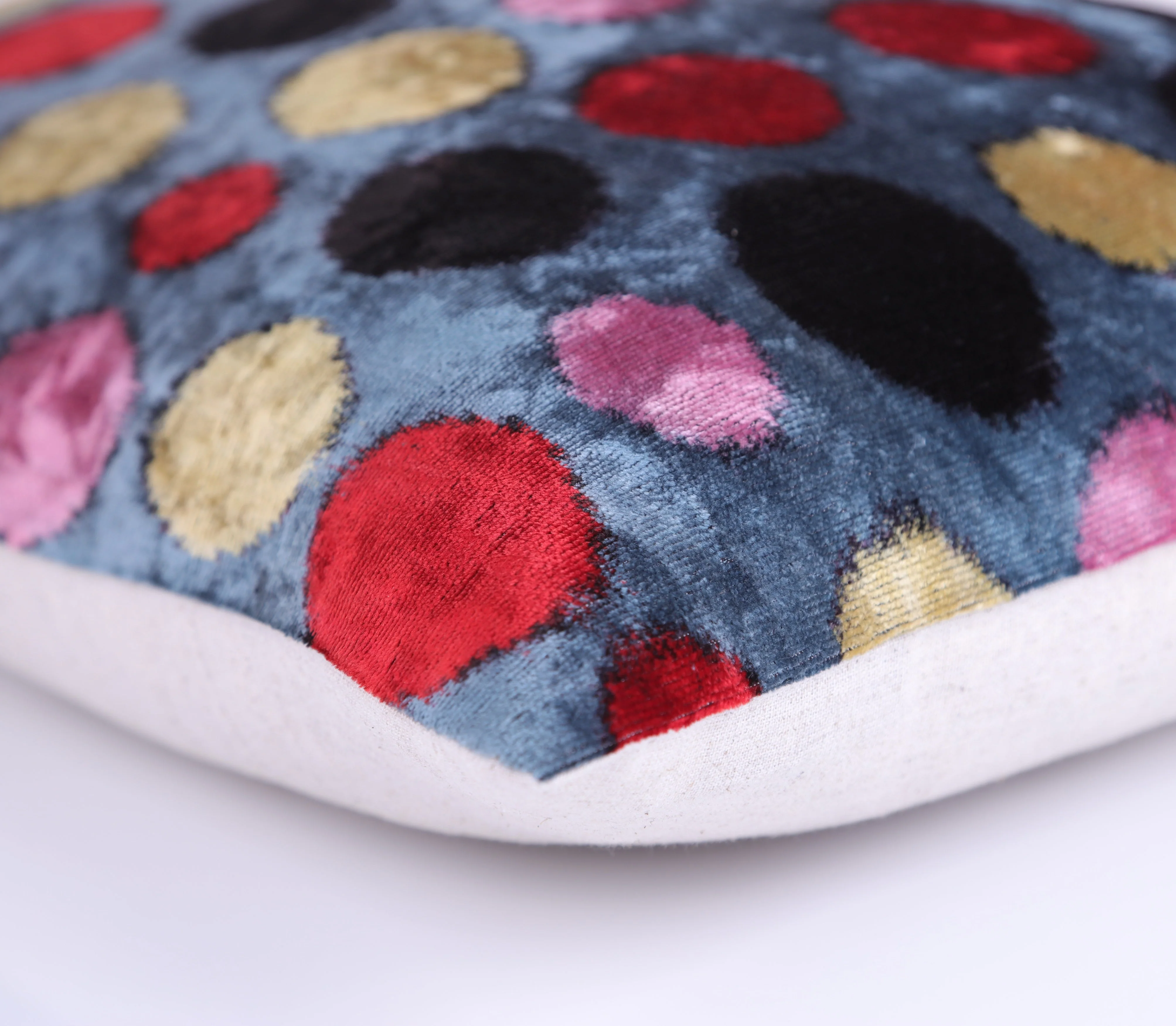 Handmade 16x16 Velvet Pillow – Multicolor Dots on Blue - Image 8