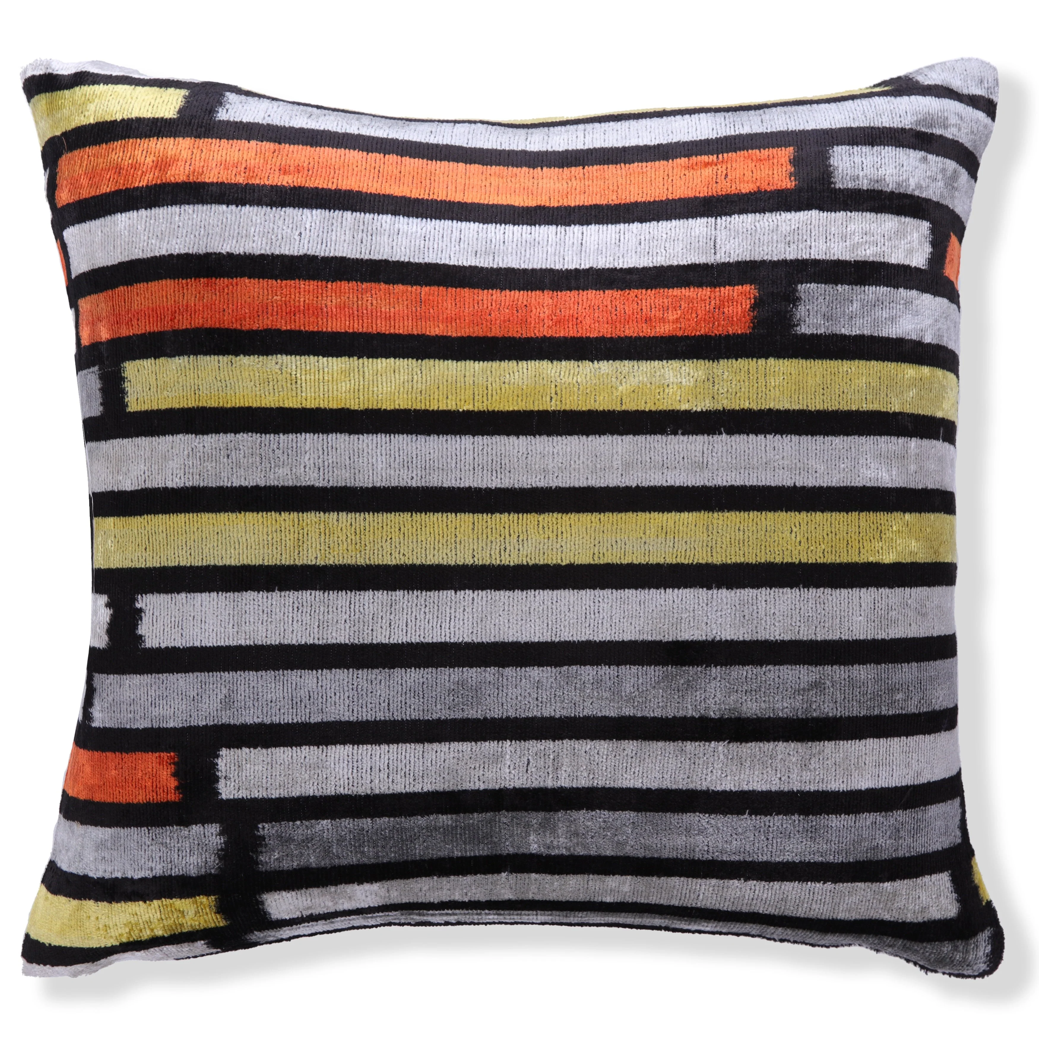 Handmade 16x16 Velvet Pillow – Striped Orange, Yellow & Gray