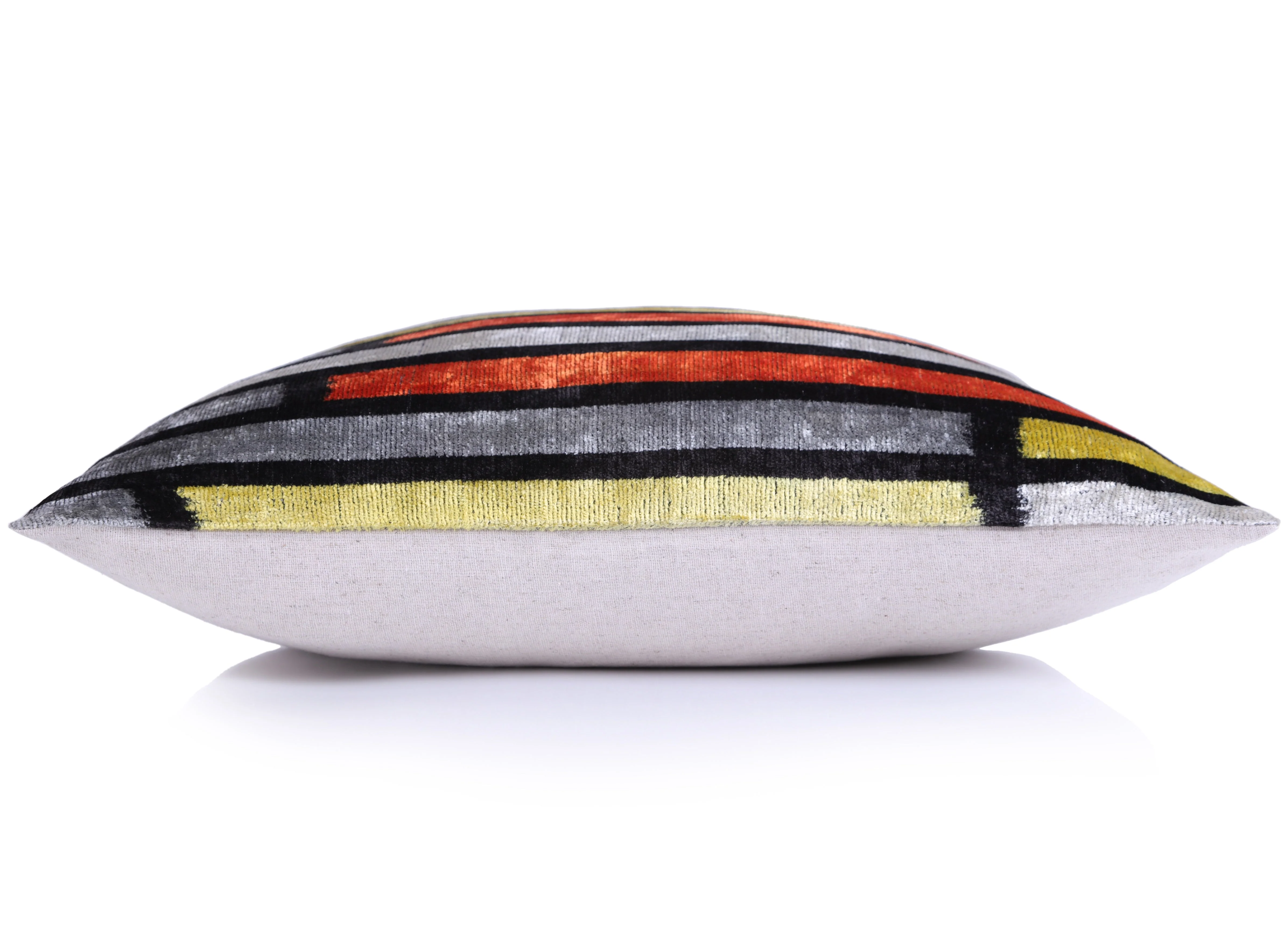 Handmade 16x16 Velvet Pillow – Striped Orange, Yellow & Gray - Image 3
