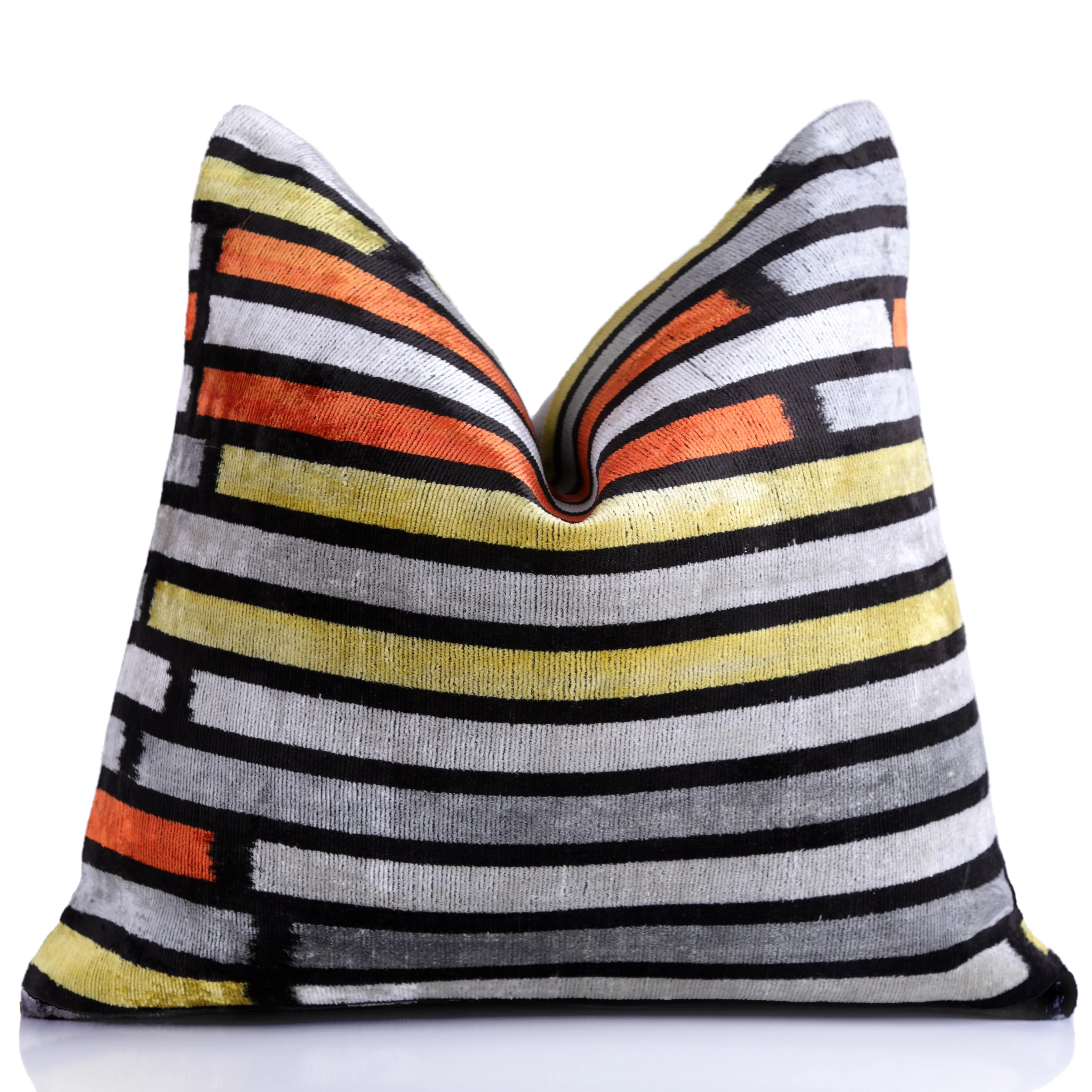 Handmade 16x16 Velvet Pillow – Striped Orange, Yellow & Gray - Image 5
