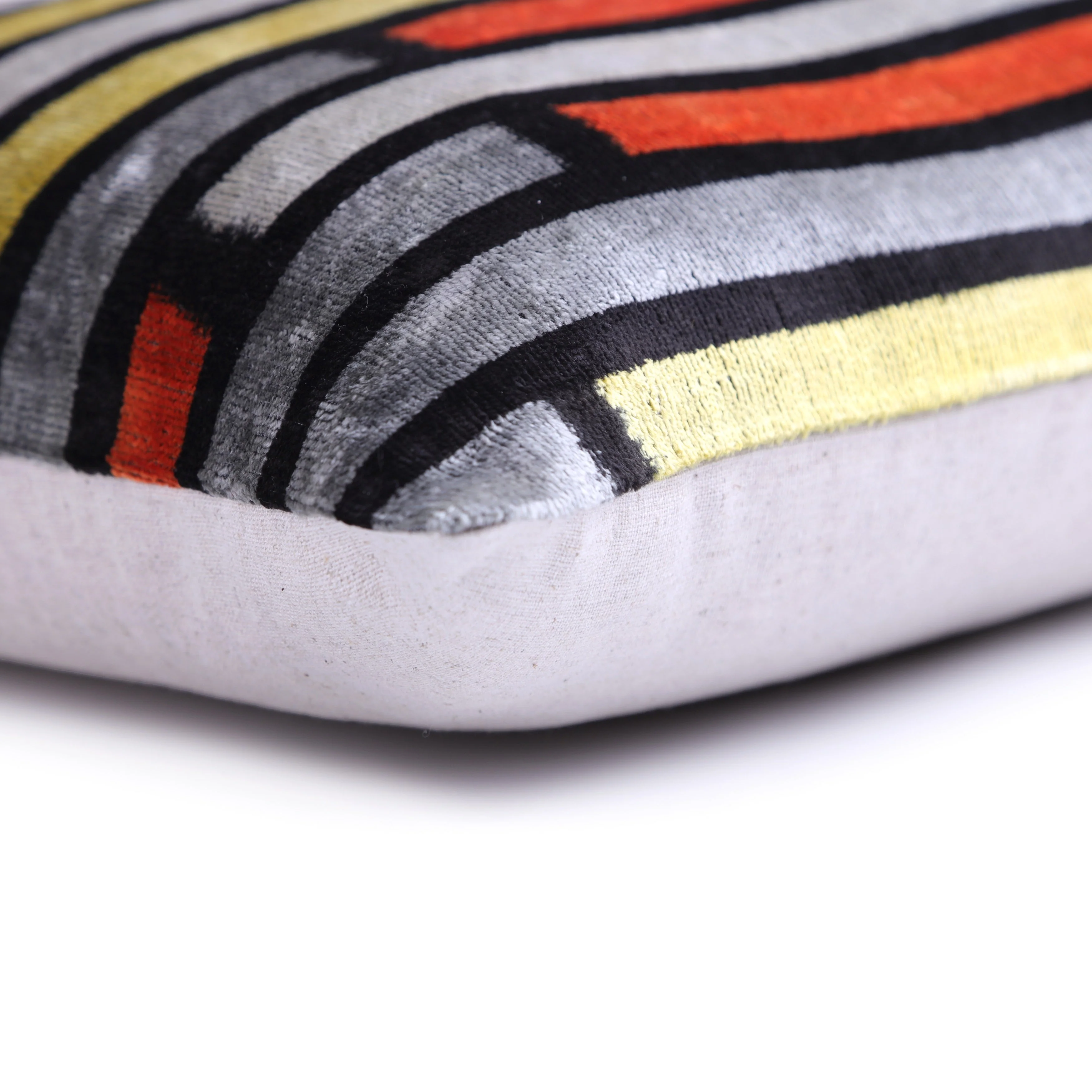 Handmade 16x16 Velvet Pillow – Striped Orange, Yellow & Gray - Image 8