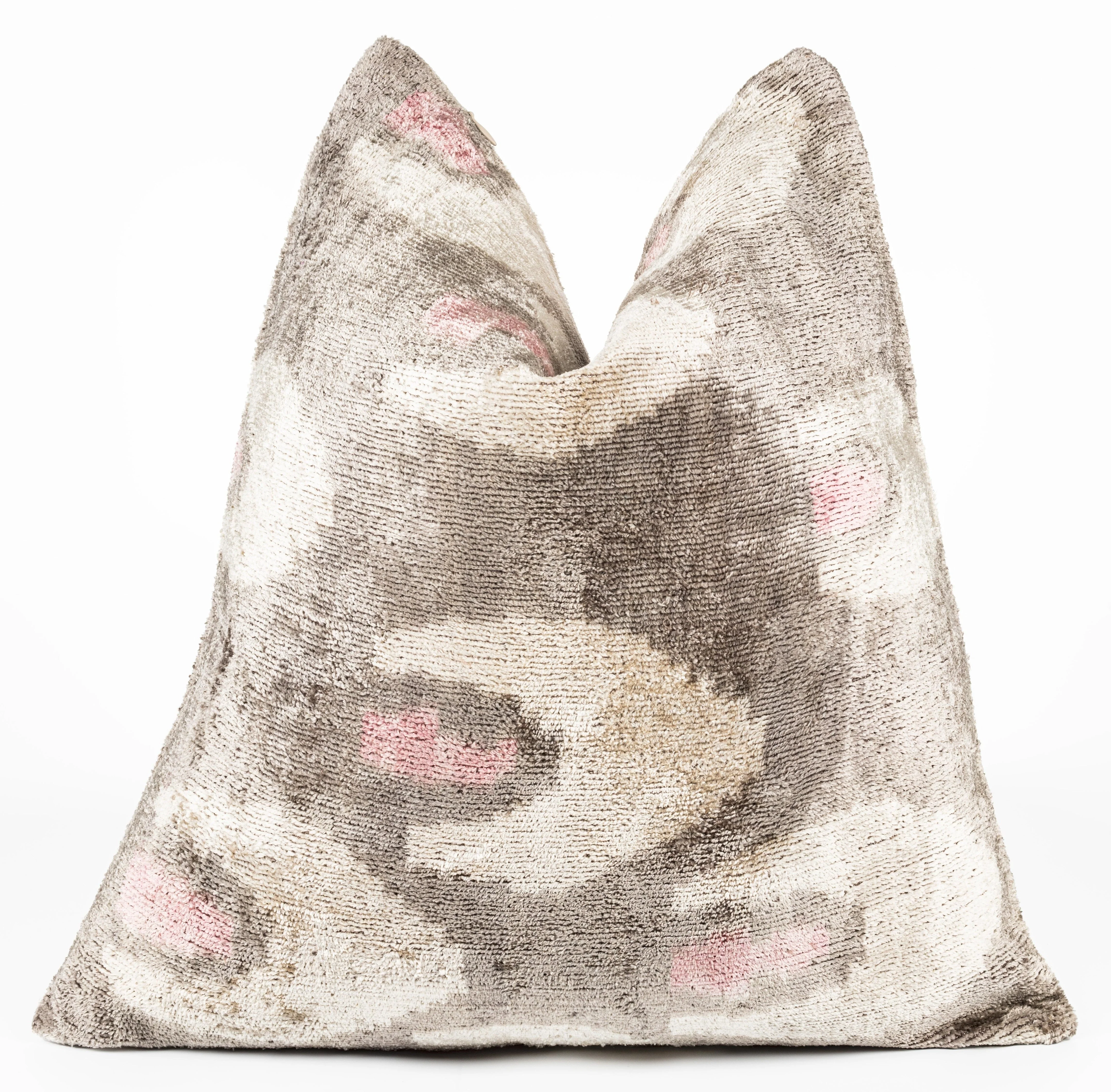 Handmade 16x16 Velvet Throw Pillow – Beige, Pink, Gray Tones with Down Insert for Modern Boho Decor