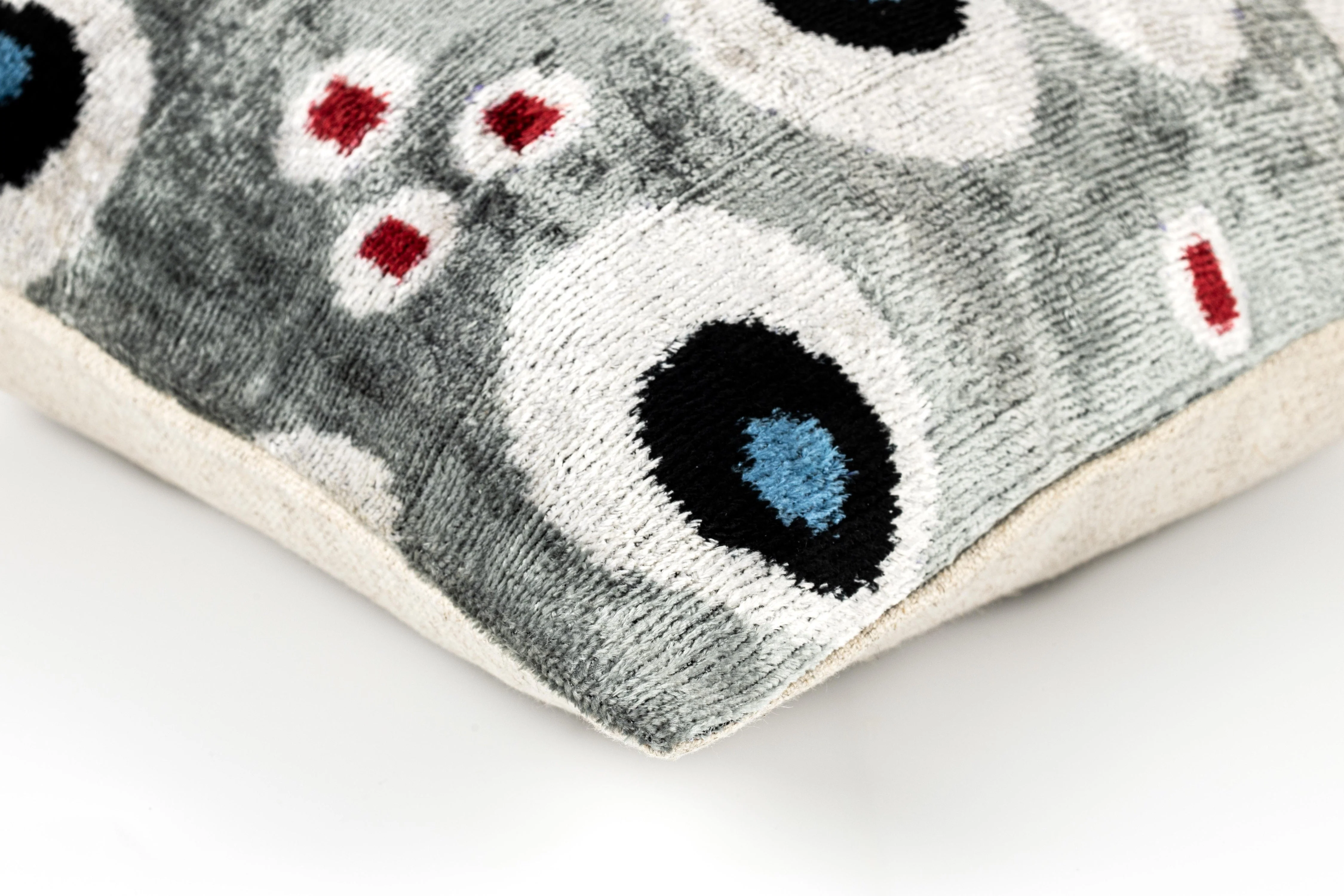 Handmade 16x16 Velvet Throw Pillow – Gray, Blue, Black, and Red Geometric Pattern with Down Insert for Modern Decor - Image 5