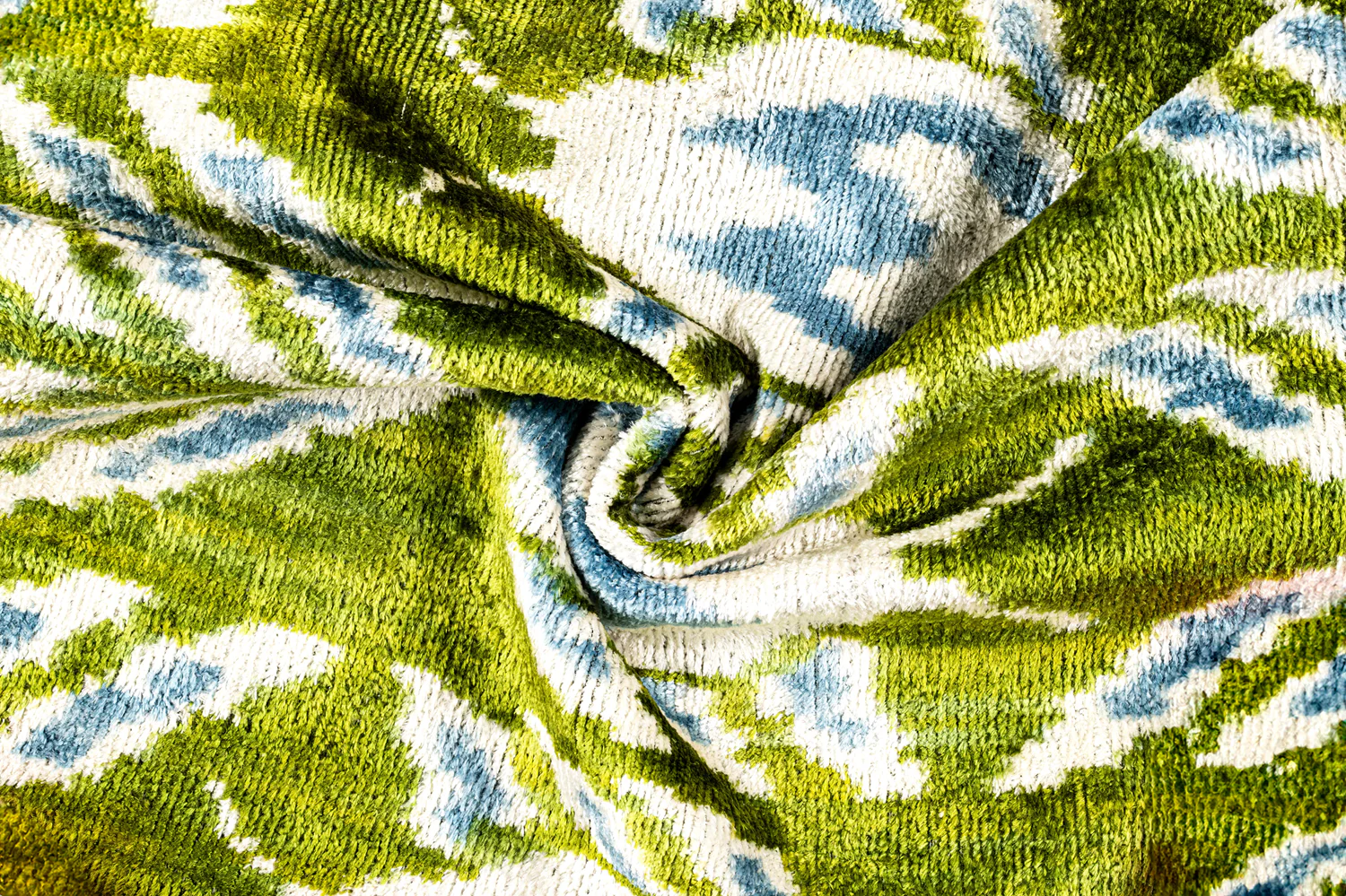 Handmade 16x16 Velvet Throw Pillow – Green, Blue, and White Ikat Pattern with Down Insert for Boho-Chic Deco - Image 2