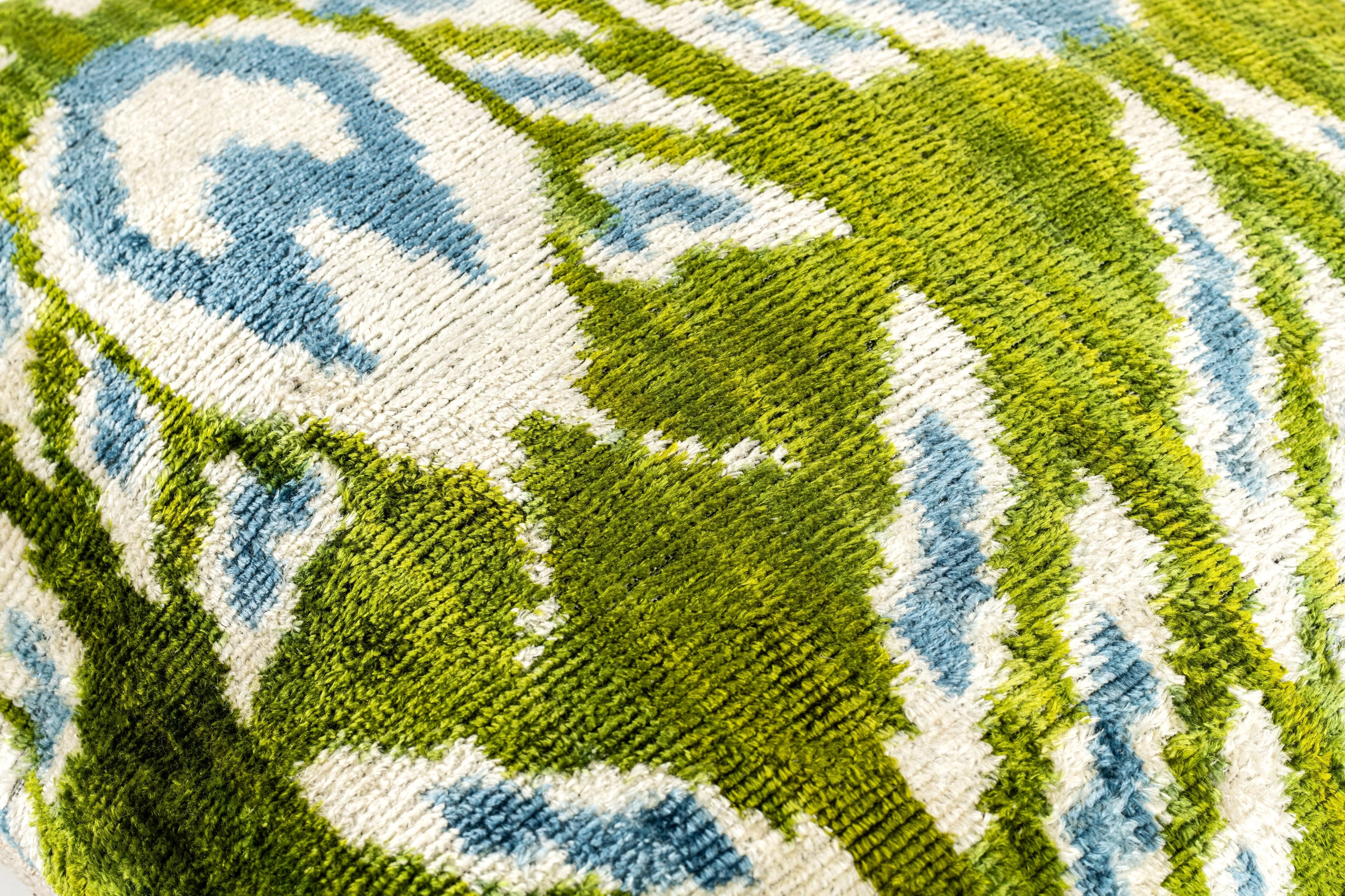 Handmade 16x16 Velvet Throw Pillow – Green, Blue, and White Ikat Pattern with Down Insert for Boho-Chic Deco - Image 3