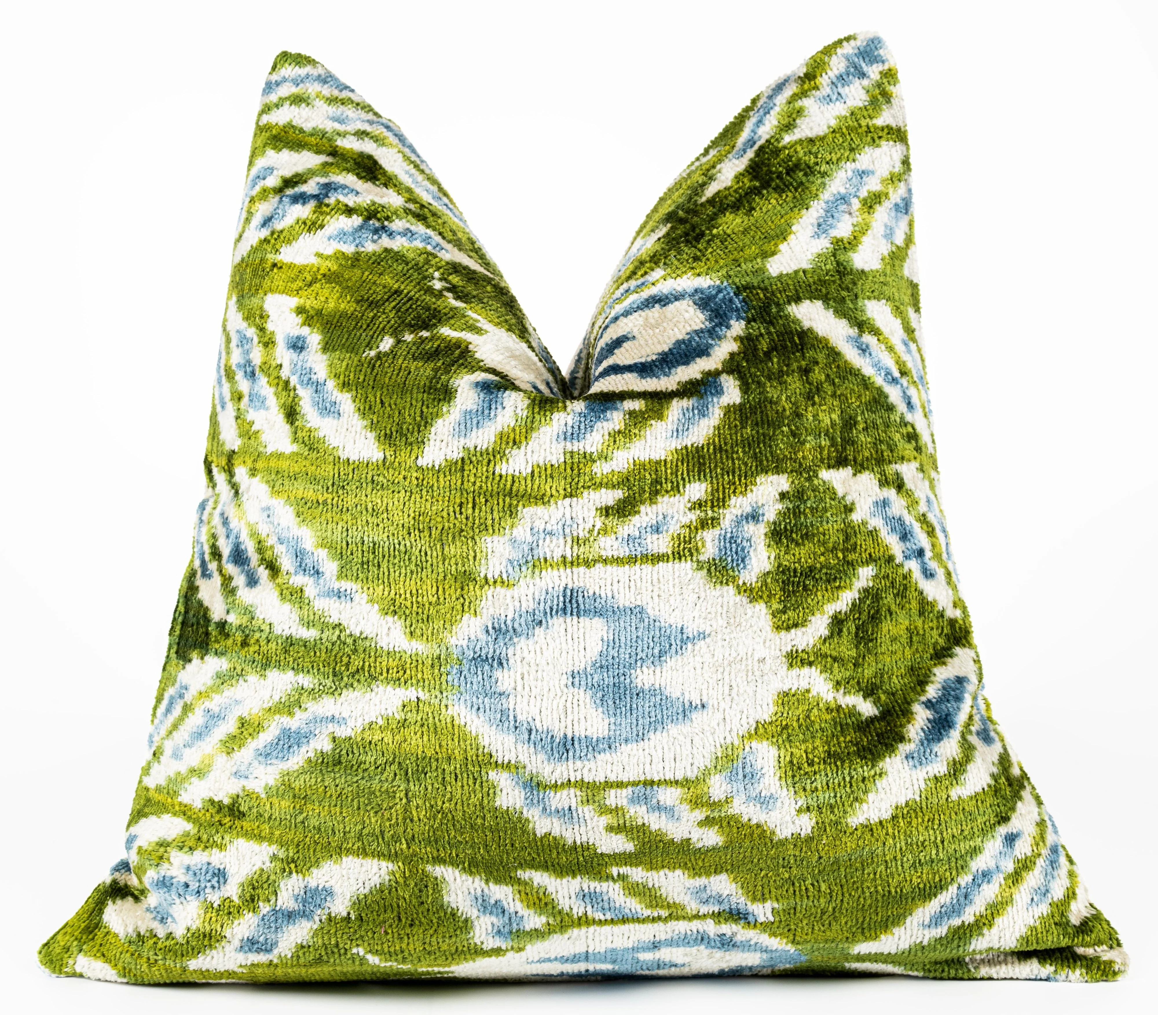 Handmade 16x16 Velvet Throw Pillow – Green, Blue, and White Ikat Pattern with Down Insert for Boho-Chic Deco - Image 4
