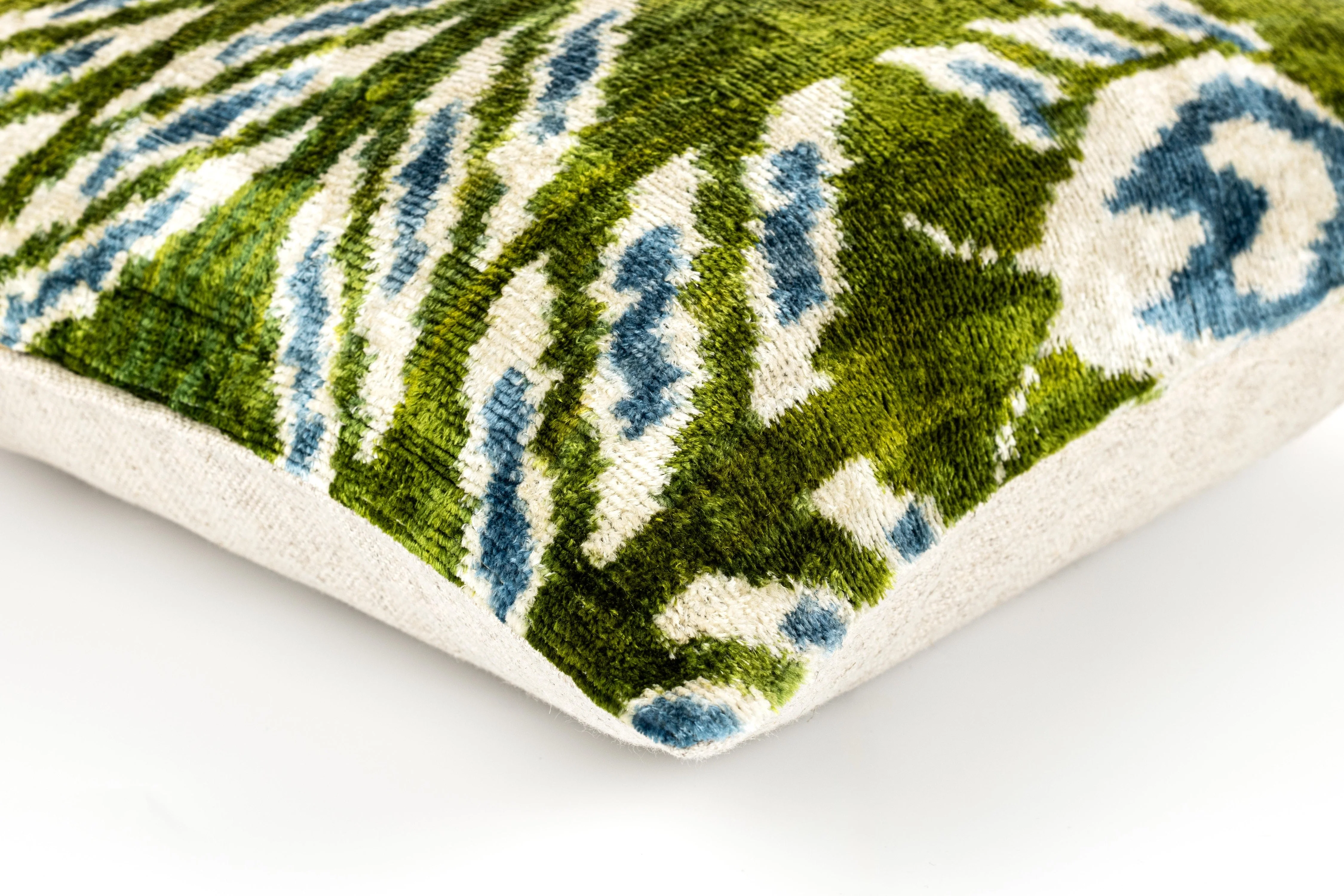 Handmade 16x16 Velvet Throw Pillow – Green, Blue, and White Ikat Pattern with Down Insert for Boho-Chic Deco - Image 5