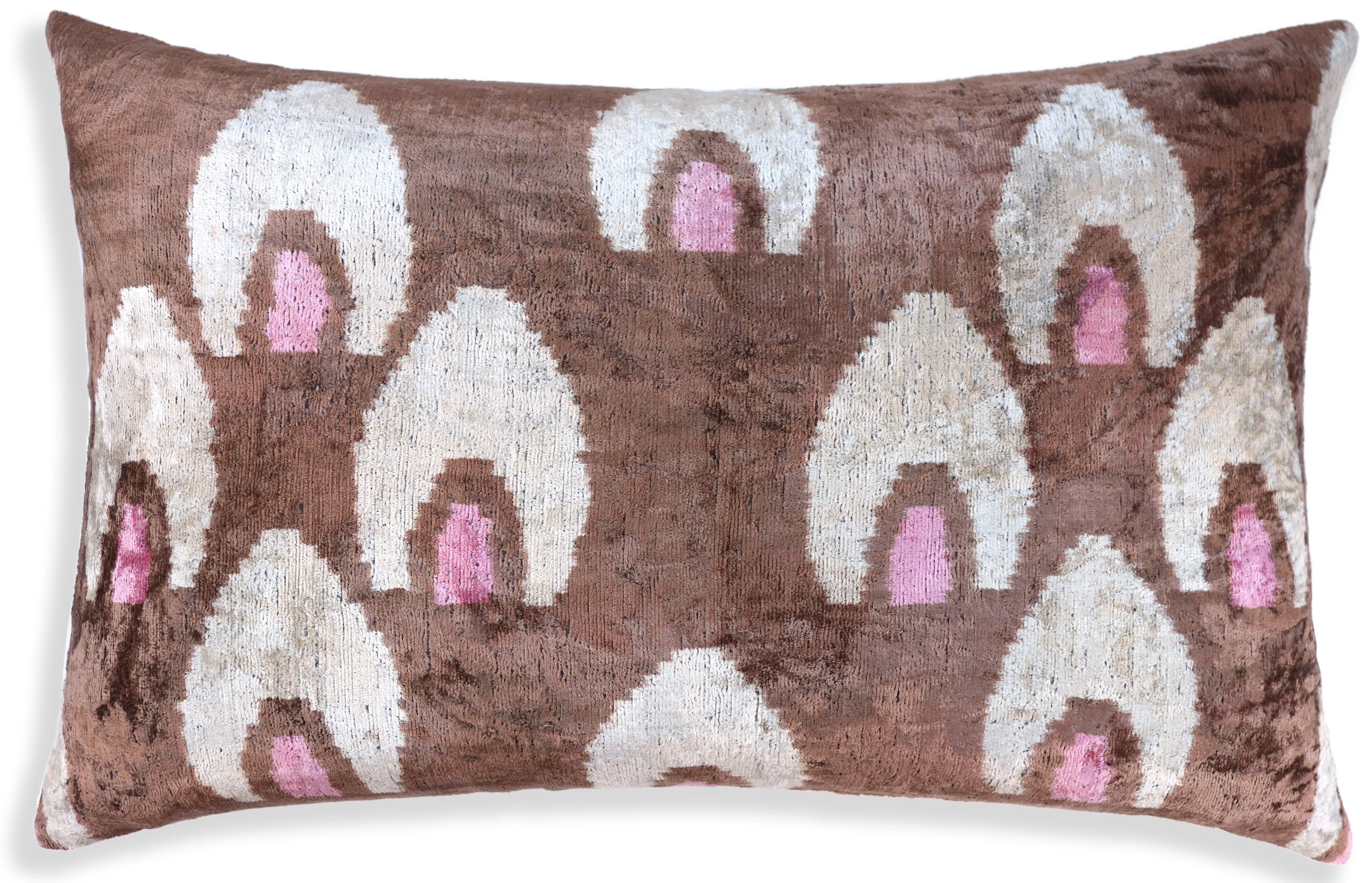 Handmade Brown Velvet Lumbar Pillow 16x24 – Ivory & Pink Arch Motif Designer Cushion - Image 5