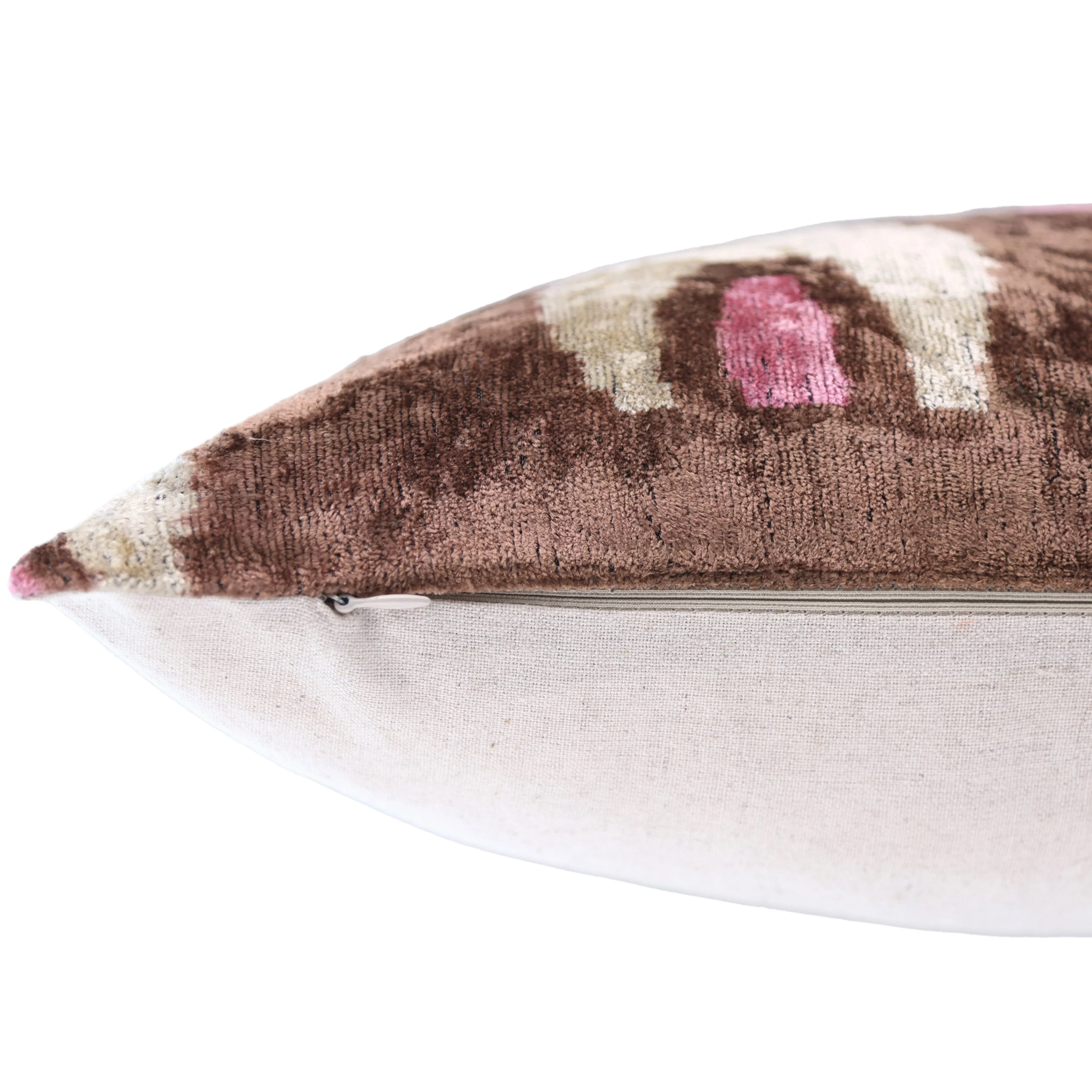 Handmade Brown Velvet Lumbar Pillow 16x24 – Ivory & Pink Arch Motif Designer Cushion - Image 6