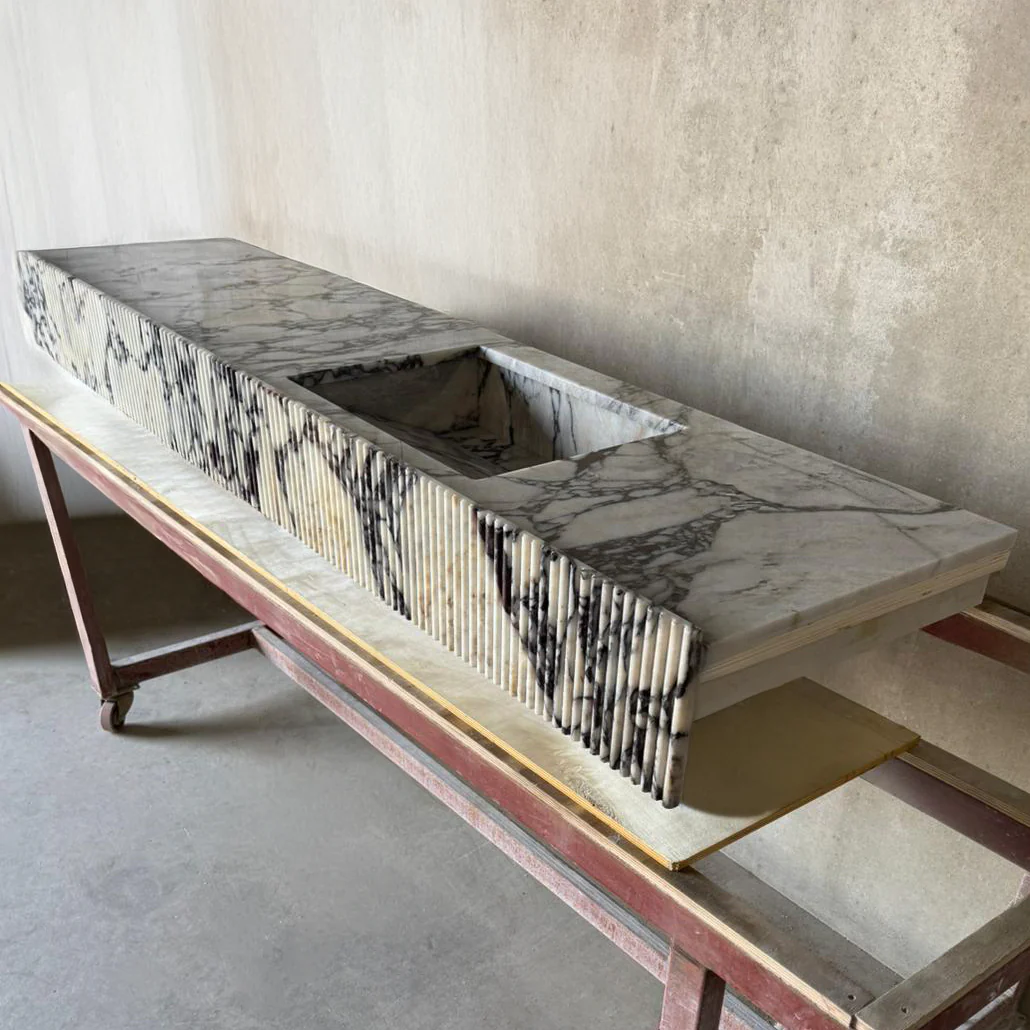 Handmade Calacatta Viola Marble Sink with Fluted Apron: Custom Made Bathroom Basin (NS-141) - Image 8