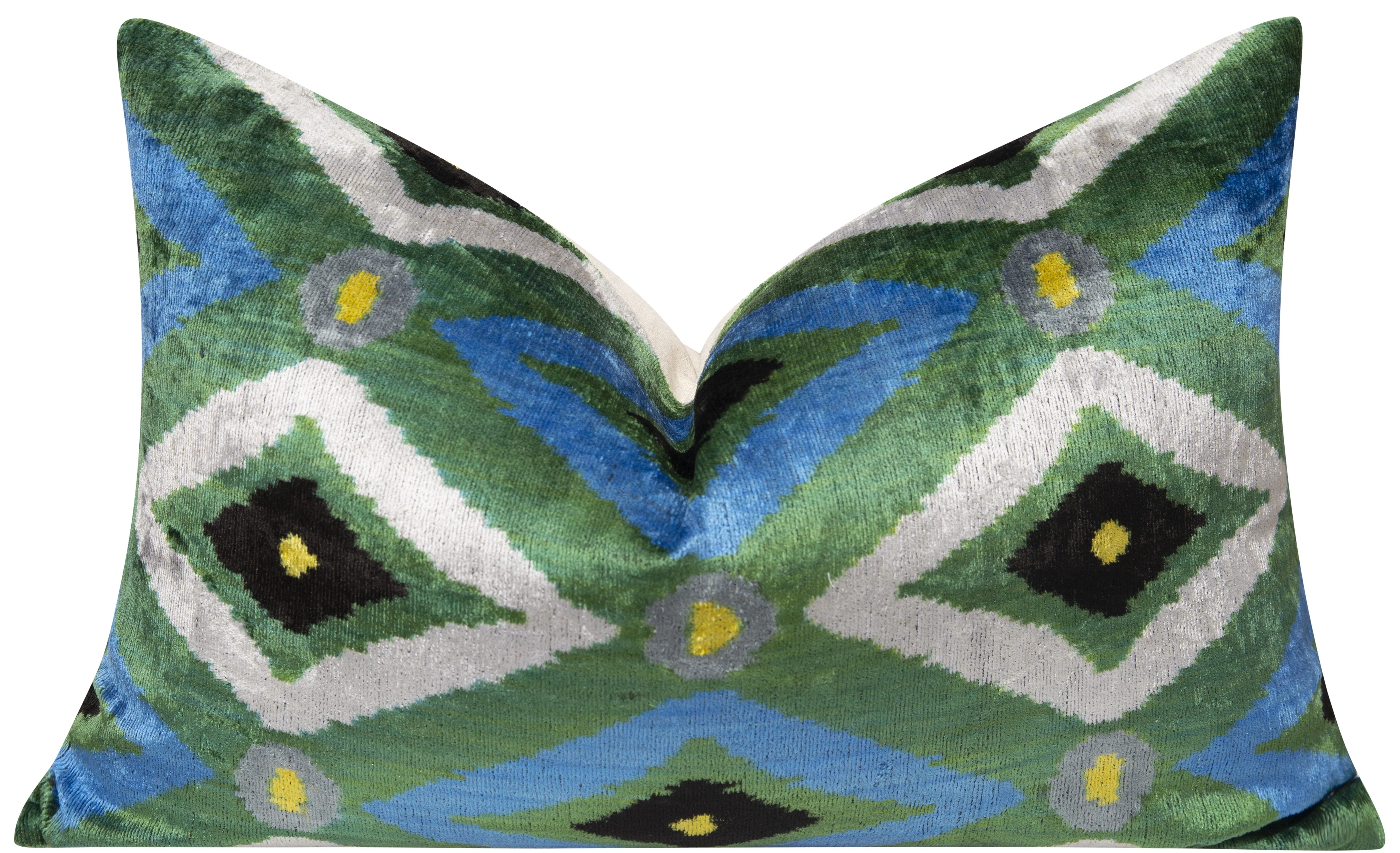 Handmade Geometric Silk Velvet Throw Pillow - 16x24 with Premium Down Feather Insert, Green Blue  Modern Design for Sofa, Couch, Bed Decor - Image 3