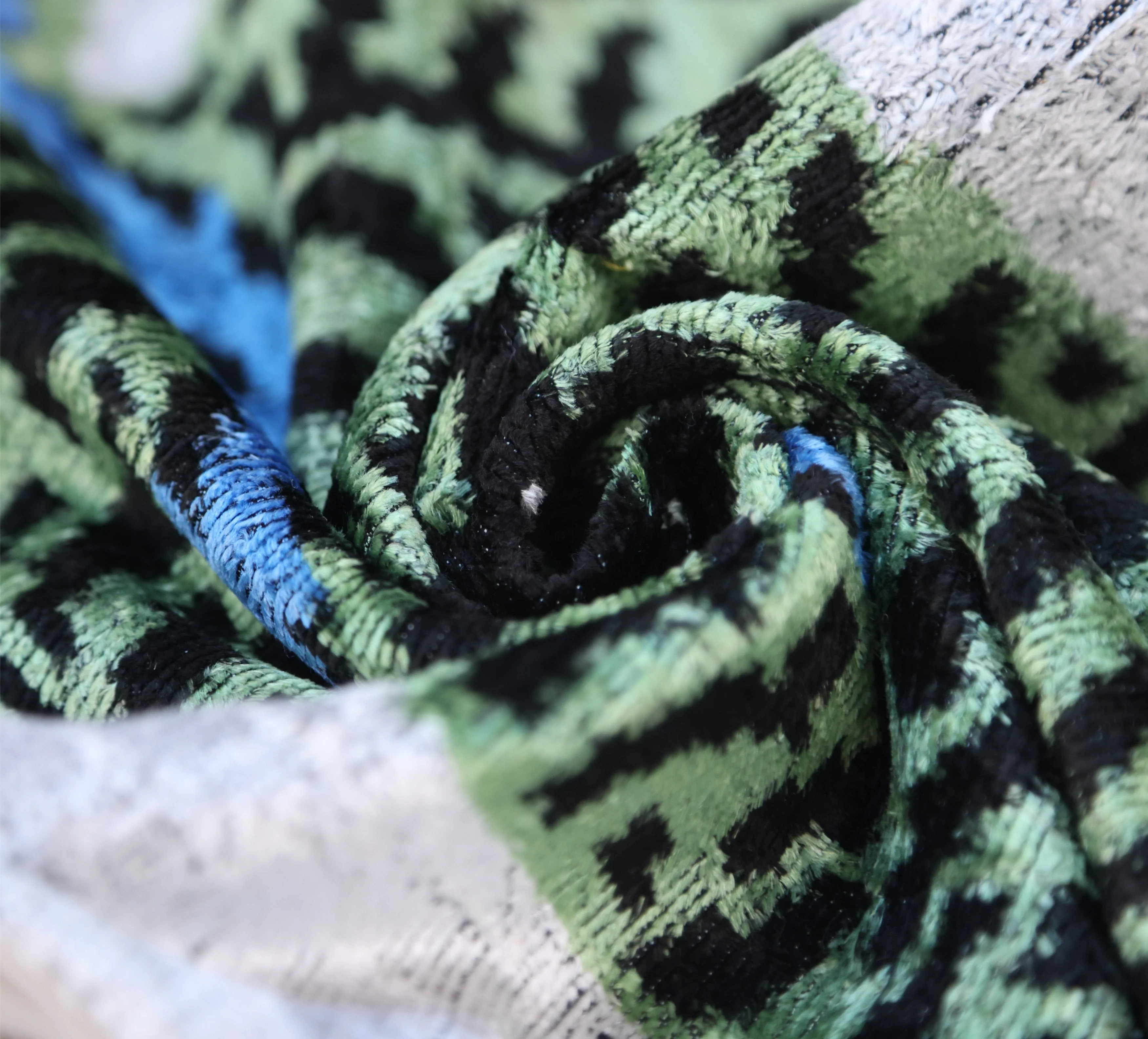 Handmade Green Tiger Velvet Lumbar Pillow 16x24 – Artisan Silk Cushion with Blue Accents - Image 2