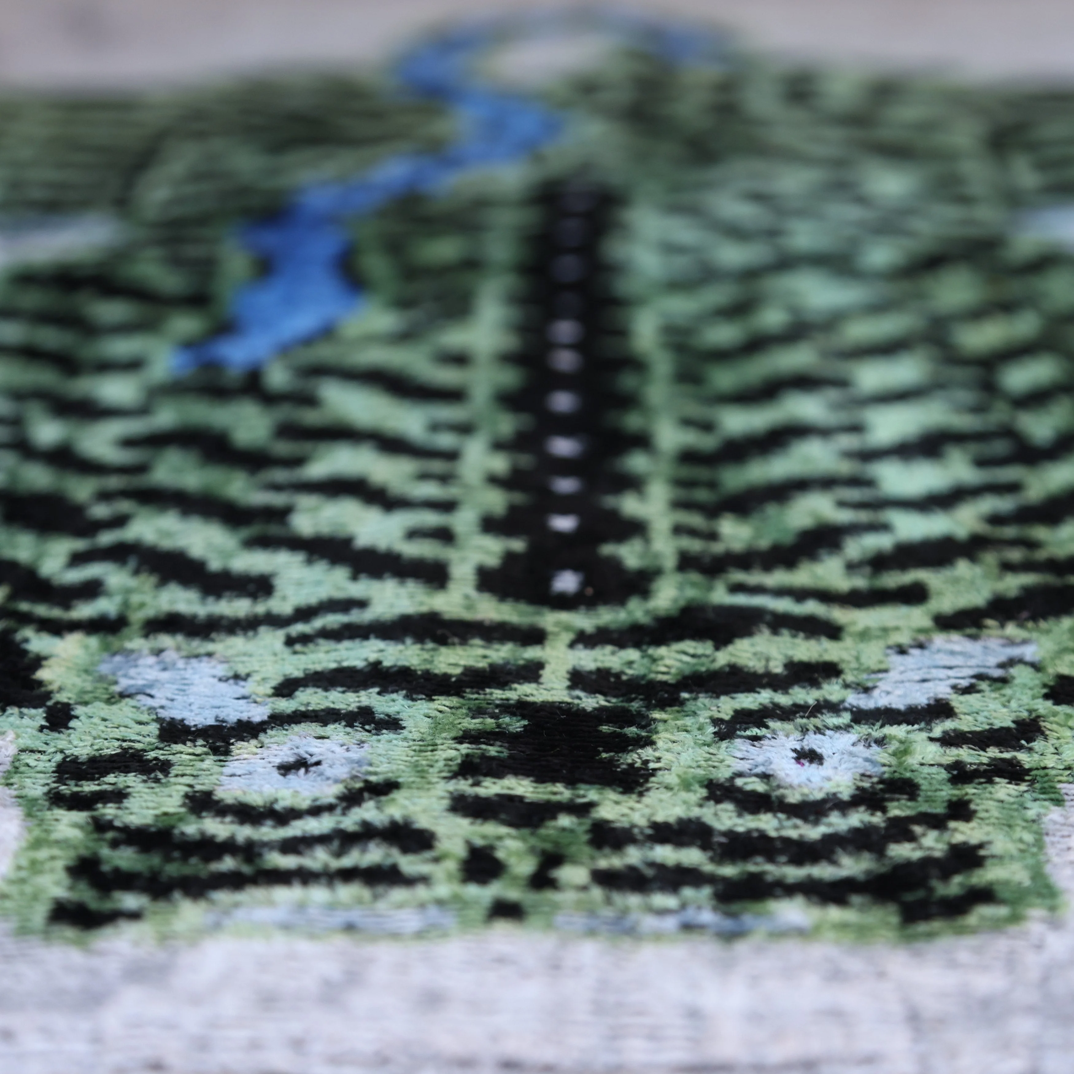 Handmade Green Tiger Velvet Lumbar Pillow 16x24 – Artisan Silk Cushion with Blue Accents - Image 3