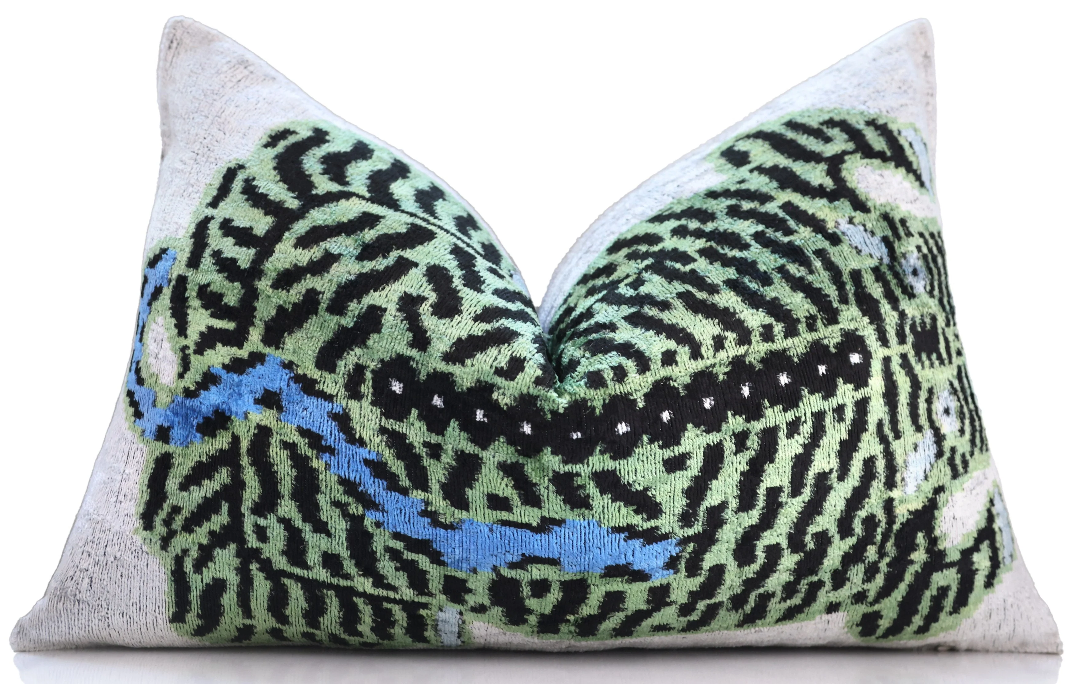 Handmade Green Tiger Velvet Lumbar Pillow 16x24 – Artisan Silk Cushion with Blue Accents - Image 5