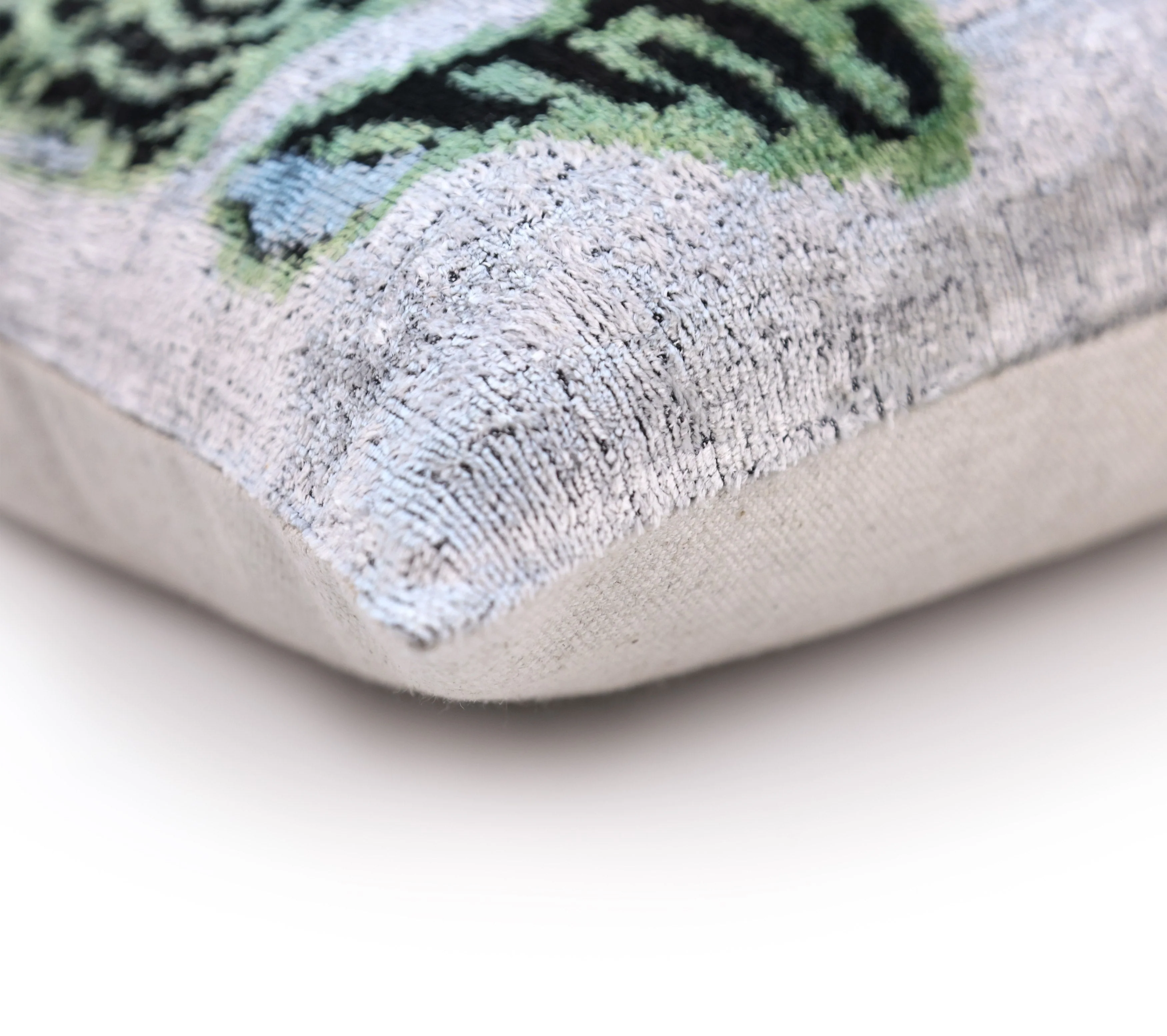 Handmade Green Tiger Velvet Lumbar Pillow 16x24 – Artisan Silk Cushion with Blue Accents - Image 8